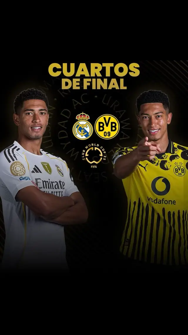 A post by @elpapayinn on TikTok caption: ¡¡ÚLTIMA HORA: REAL MADRID VS BORUSSIA DORTMUND EN EL MUNDIAL!! Es un hecho. Es completamente oficial, señoras y señores. Real Madrid y Borussia Dortmund se enfrentarán en ¡¡LOS CUARTOS DE FINAL!! del Mundial de Clubes. Será un duelo europeo por el boleto a los semifinales. Qué partidazo nos espera, por favor.  ¡¡REAL MADRID VS BORUSSIA DORTMUND EN CUARTOS DE FINAL!!