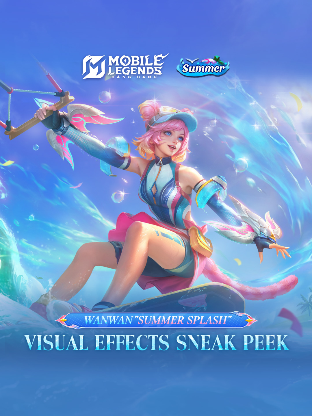 A post by @mlbbttofficial on TikTok caption: The new summer skin Wanwan "Summer Splash" will be available soon! Ride the sparkling waves under the blazing summer sun for an exhilarating wakeboarding experience! Check out the in-game preview now! #MobileLegendsBangBang #MLBBNewSkin