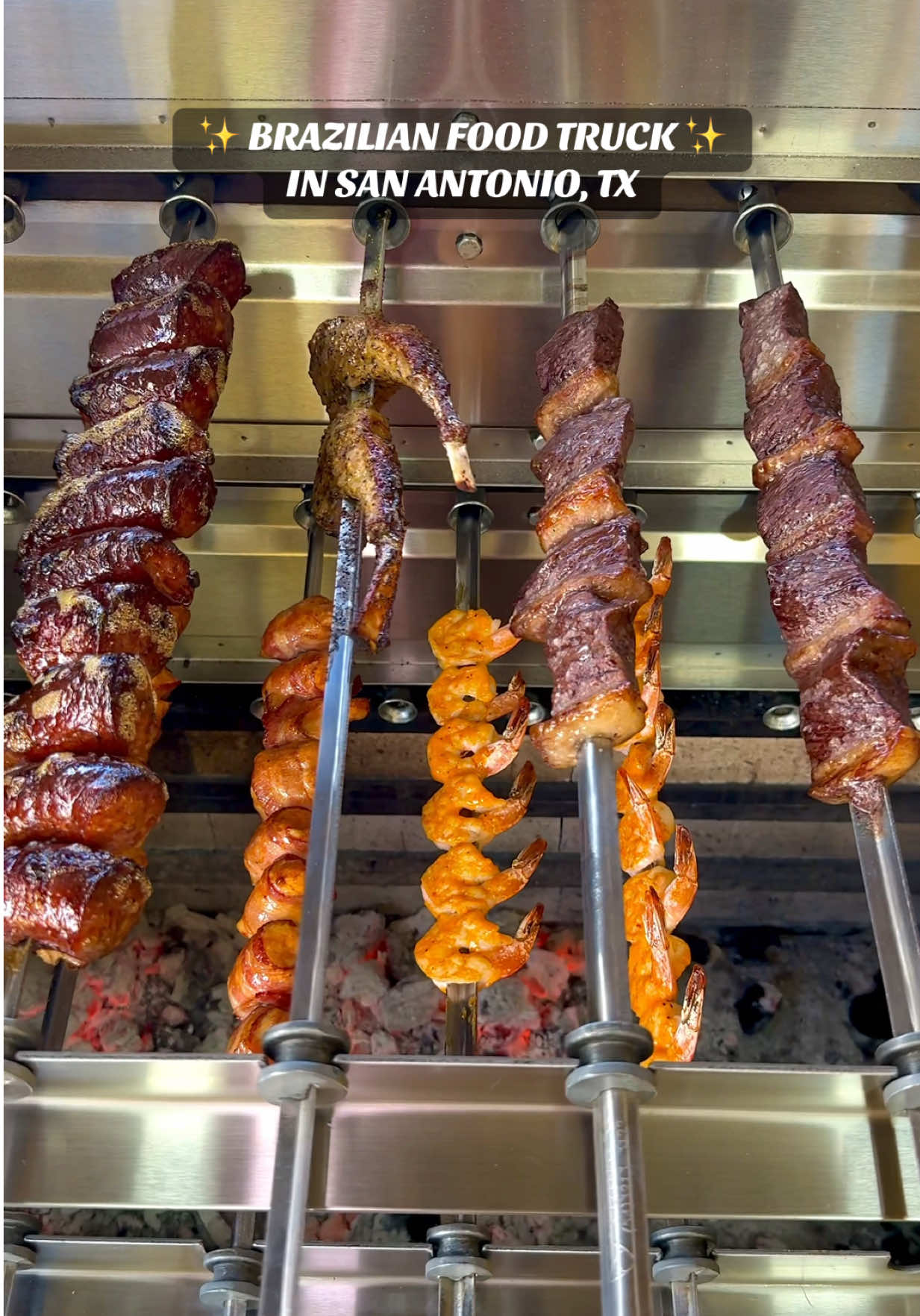 A post by @sanantoniofoodie on TikTok caption: Sabor da Brasa serves some of the most flavorful meats I’ve ever had – especially their juicy lamb chops and Picanha (beef prime top sirloin) served with their chimichurri sauce. 🥩🤤 One of their must-try dishes is the Family Churrasco platter, which feeds four and comes loaded with Picanha, grilled shrimp, chicken wrapped with bacon, pork sausage, French fries, Caesar salad, and rice. Plus, you can’t leave without trying their Brazilian cheesy bread and refreshing Brazilian lemonades! 🍋🧀 📍 @saborakbknj - 1009 Avenue B – inside El Camino Food Truck Park ⏰ Tuesday – Thursday: 5PM – 11PM, Friday: 5PM – 1AM, Saturday: 12PM – 1AM, Sunday: 12PM – 11PM #churrasco #brazillianfood #foodtruck #sanantonio #tiktoksanantonio #sanantoniocheck 