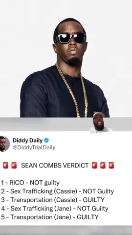 A post by @isaiahjaay1 on TikTok caption: DIDDY IS FOUND NOT GUILTY ON RICO CHARGE AND SEX TRAFFICKING. GUILTY ONLY FOR TRANSPORTATION #diddy #fyp #foryoupage #isaiahjaay #cassie #greenscreen 