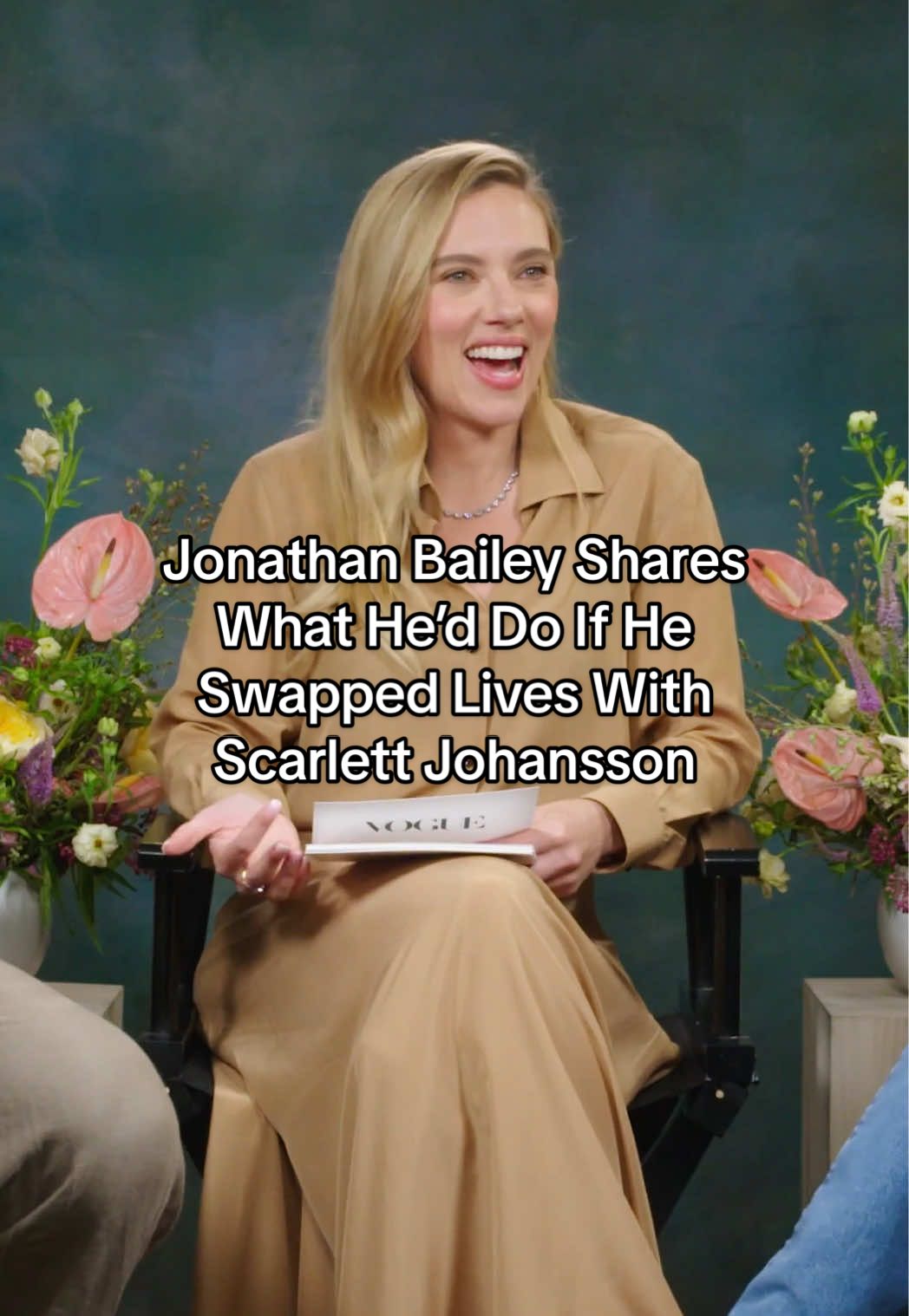 A post by @voguemagazine on TikTok caption: #ScarlettJohansson, Mahershala Ali, and Jonathan Bailey may have taken on some fairly intense roles in the new “Jurassic World Rebirth,” but they’re all laughs and good-natured teasing when they get together for Vogue’s #OffTheCuff series. Tap to watch the full video. 