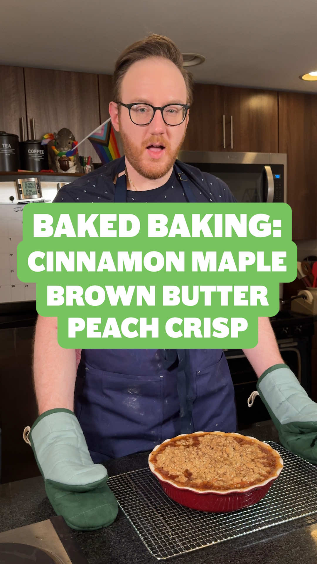A post by @mattbellassai on TikTok caption: BAKED BAKING 👨🏻‍🍳💨: Cinnamon Maple Brown Butter Peach Crisp (Recipe from @halfbakedharvest) #funny #comedy #baking #baked #peach #dessert #recipe