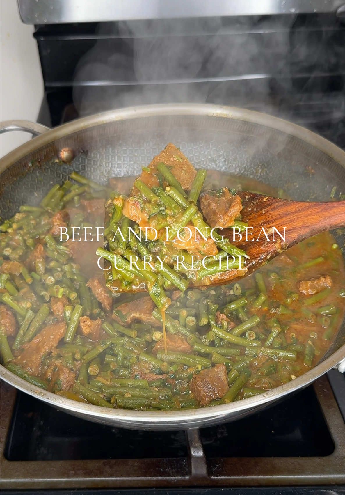 A post by @sharmineats on TikTok caption: Gorur Mangsho with lubi uree aka Beef and long beans curry 🍛  Recipe:  3-4 tbsp oil is oil 2 tbsp garlic/ginger paste  1.5lbs beef  5-6 green chillies  1 large onion  1 tbsp salt  1 tbsp red chili powder  2 tbsp curry powder  1 tsp turmeric  2 tsp cumin  5 cups water (to soften beef, cook beef for an hour before adding in the long beans.)  4-5 cups of chopped long beans  2 cups water  Garnish with cilantro  #bangladesh #benaglifood #beefcurry #benaglicusine #fyp #desifood 