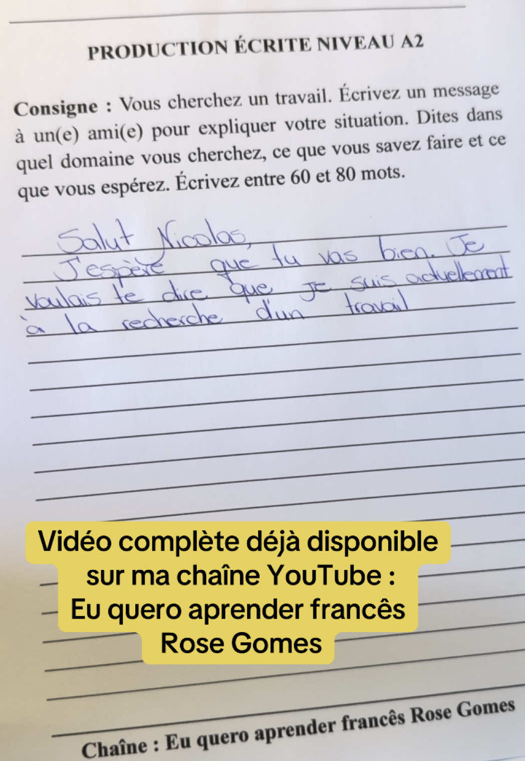 A post by @euqueroaprenderfrances on TikTok caption: Production écrite en français : texte au niveau DELF A2 Apprendre le français  Eu quero aprender francês Rose Gomes #apprendrelefrançais #euqueroaprenderfrancês #rosegomes #français #learnfrench #redaction #a2 #delf #francais #french #frances #apprendresurtiktok #coursdefrancais 