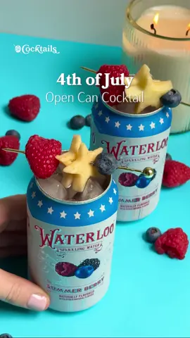 A post by @cocktails on TikTok caption: Let the celebration begin with these festive 4th of July open can cocktails. 🫐❤️ Link for the soft edge can opener is in our bio. @cocktails may earn commission through links in our socials. Ingredients: - 1 & 1/2 oz. vodka - 3/4 oz. raspberry liqueur - 1/2 oz. blackberry simple syrup - 1/2 oz. lime juice - top with berry Waterloo #opencan #cocktail #fourthofjuly #inspo #recipe #party #drink