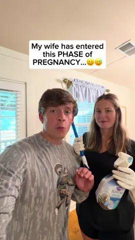 A post by @taylorrandsoph on TikTok caption: Honestly this is my probably favorite part of pregnancy😅🤣 #taylorandsoph #pregnant #funny #couple #nesting #cleaning #wife 
