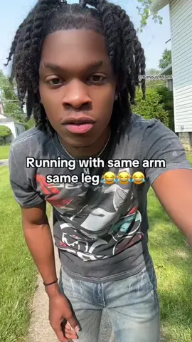 A post by @kingron4l on TikTok caption: Running with the same arm and the same leg challenge, let’s go!! Peep my daughter at the end 🤣🤣🤣❤️ #runchallenge #funny #deaf #deaftiktok #signlanguage 