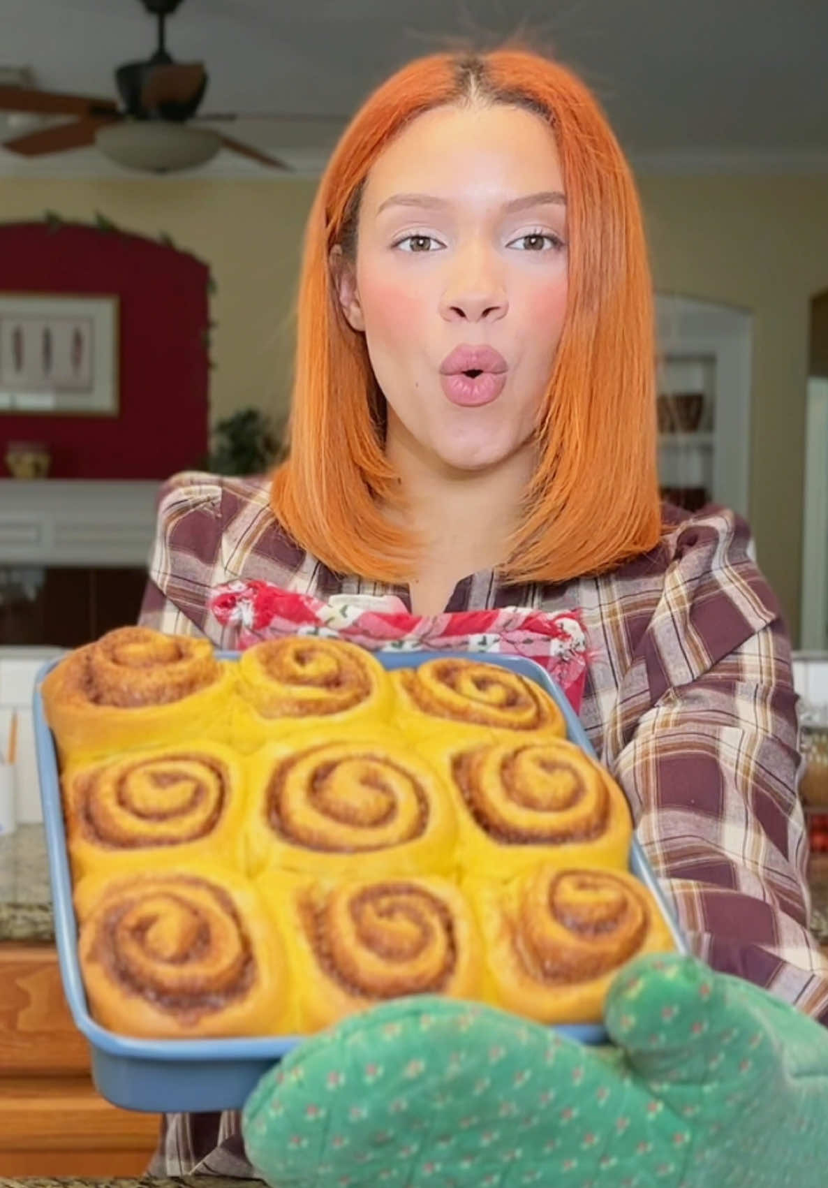 A post by @kyndallsands on TikTok caption: 🎃 Pumpkin Spice Cinnamon Rolls  For the Dough: 	•	¾ cup whole milk, warmed to 110°F 	•	2 ¼ teaspoons (1 packet) active dry yeast 	•	¼ cup granulated sugar  	•	½ cup canned pumpkin purée 	•	1 large egg, room temperature 	•	4 tablespoons salted butter, melted 	•	3 ¾ cups all-purpose flour (spooned and leveled) 	•	1 teaspoon salt 	•	1 ½ teaspoons pumpkin pie spice For the Filling: 	•	5 tablespoons salted butter, very soft 	•	⅔ cup brown sugar, packed 	•	1 tablespoon ground cinnamon 	•	2 teaspoons pumpkin pie spice 	•	Pinch of salt For the Cream Cheese Frosting: 	•	4 ounces cream cheese, softened 	•	2 tablespoons salted butter, softened 	•	1 cup powdered sugar 	•	½ teaspoon vanilla extract 	•	1–2 tablespoons whole milk or cream 	•	Pinch of salt 👩‍🍳 Instructions: 1. Activate the Yeast In a small bowl or measuring cup, stir together ¾ cup warm whole milk with 1 teaspoon of the ¼ cup granulated sugar. Sprinkle 2 ¼ teaspoons active dry yeast over the milk. Let sit for 5–10 minutes until foamy. 2. Make the Dough In a large mixing bowl (or stand mixer), combine the remaining ¼ cup minus 1 teaspoon granulated sugar, ½ cup pumpkin purée, 1 large egg, 4 tablespoons melted butter, 1 ½ teaspoons pumpkin pie spice, and 1 teaspoon salt. Stir in the foamy yeast mixture. Gradually add 3 ¾ cups all-purpose flour, mixing until a soft, sticky dough forms. Knead by hand or with a dough hook for 8–10 minutes, until smooth and elastic. If sticky, add flour 1 tablespoon at a time. Place the dough in a lightly oiled bowl, cover with a towel or plastic wrap, and let rise in a warm place for 1 to 1½ hours, or until doubled in size. 3. Prepare the Filling In a small bowl, mix together ⅔ cup brown sugar, 1 tablespoon cinnamon, 2 teaspoons pumpkin pie spice, and a pinch of salt. Set aside. Keep 5 tablespoons very soft butter ready for spreading. 4. Roll and Assemble Turn the risen dough out onto a floured surface. Roll it into a 14x10-inch rectangle. Spread the dough evenly with the 5 tablespoons soft butter, then sprinkle the entire sugar-spice mixture over the buttered surface. Roll the dough tightly from the long (14-inch) side into a log. Slice into 9 even rolls and place them into a greased 9-inch square or 8x11-inch baking dish. Cover and let rise again for 30–45 minutes, until puffy and nearly doubled. 5. Bake at 325°F Preheat your oven to 325°F (163°C). Bake the rolls for 28 to 35 minutes, until the tops are lightly golden and the centers are cooked through. If the tops are browning too quickly, loosely cover with foil after 25 minutes. Rolls are done when the center feels set or reaches 190–195°F internally. 6. Make the Frosting While the rolls bake, beat together 4 ounces softened cream cheese and 2 tablespoons softened butter until smooth. Add 1 cup powdered sugar, ½ teaspoon vanilla extract, a pinch of salt, and 1 to 2 tablespoons whole milk or cream (add gradually) until you reach a spreadable consistency. 7. Frost and Serve Let the rolls cool for 5–10 minutes, then spread the cream cheese frosting generously over the warm rolls so it melts slightly into the swirls. Serve fresh!