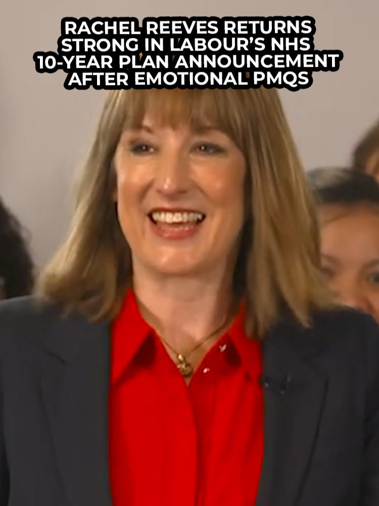 A post by @gbnews on TikTok caption: Rachel Reeves made a public appearance during Labour's announcement of their 10-year NHS plan, a day after she appeared visibly tearful during PMQs. #News #UKNews #Labour #NHS #GBNews
