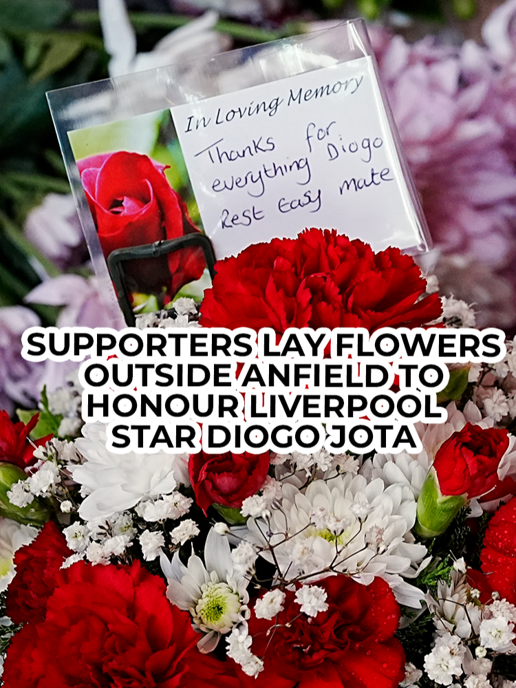 A post by @gbnews on TikTok caption: Supporters lay flowers outside Anfield to honour Liverpool star Diogo Jota.  #News #Liverpool #Liverpoolfc #Diogojota #Anfield #GBNews