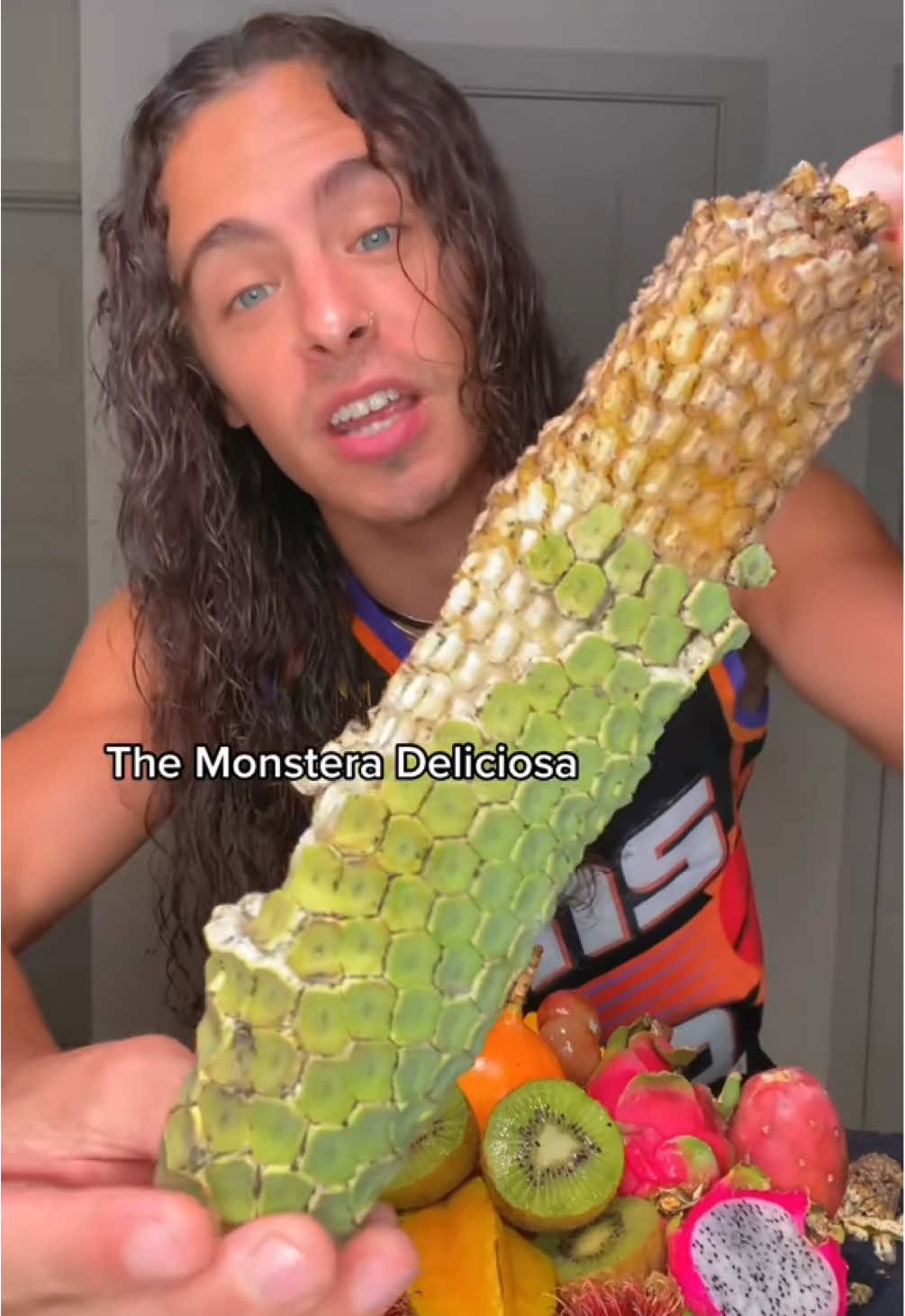 A post by @cainkerner on TikTok caption: The world’s most DANGEROUS #fruit! 😳🤯 Monstera Deliciosa! It tastes like pineapple, strawberry, banana, and a bit ot soursop as well! Thank you @miamifruit! #monstera #monsteradeliciosa 