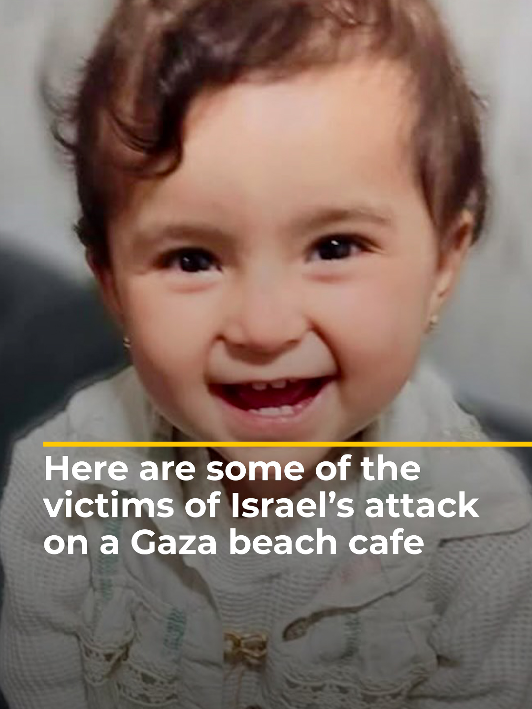 A post by @aljazeeraenglish on TikTok caption: A one-year-old girl and an aspiring female boxer were among at least 39 people who were killed in an Israeli attack on a beach cafe in Gaza, which had been a haven from Israel’s genocide. #news