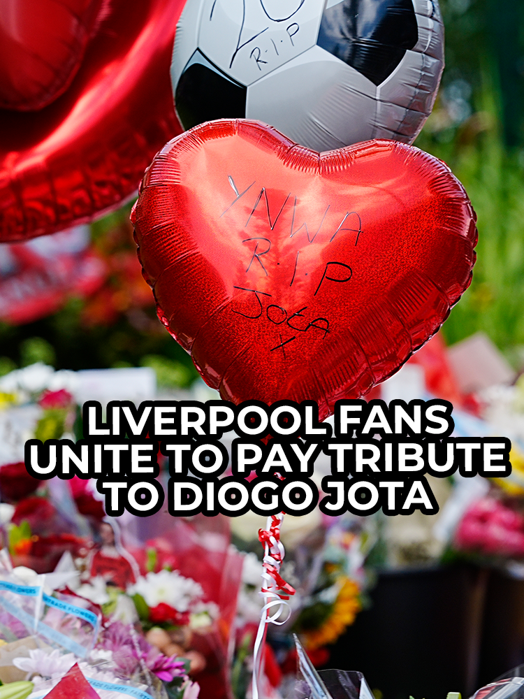 A post by @gbnews on TikTok caption: Liverpool fans come together to pay tribute to Diogo Jota after his fatal car accident. #News #Liverpool #DiogoJota #GBNews