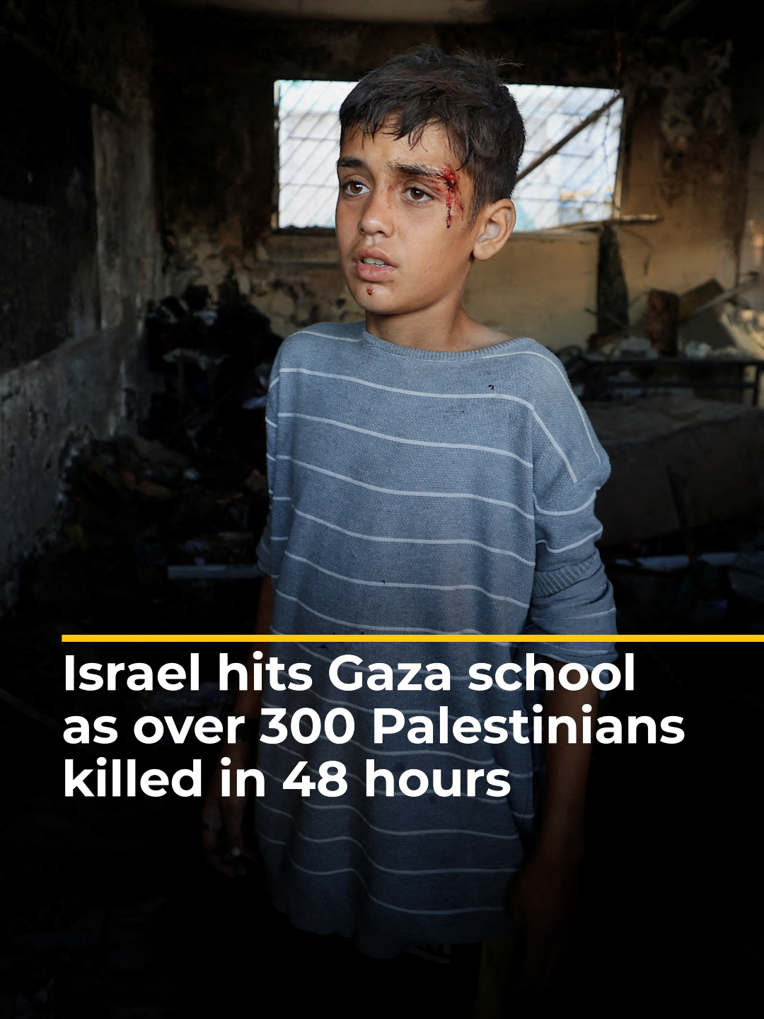 A post by @aljazeeraenglish on TikTok caption: Books and clothes were scattered amongst the rubble after Israel’s deadly attack on a school sheltering Palestinian families. More than 300 Palestinians have been killed across Gaza in 48 hours. #news