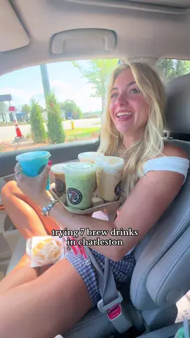A post by @brielleybelly123 on TikTok caption: OUR ORDERS: @7brewcoffee Blue raspberry fizz with cream and vanilla, iced blondie with cookie butter and oat milk, iced cinnamon roll blondie, iced blondie with toasted marshmallow, cold foam and caramel & then iced matcha with marshmallow 
