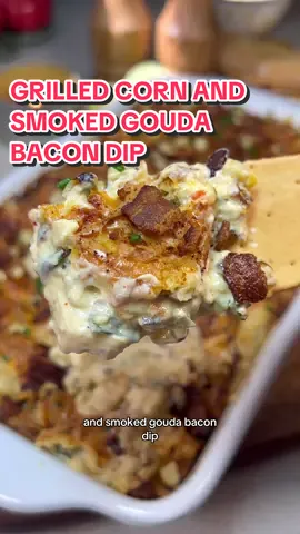 A post by @heresyourbite on TikTok caption: Grilled Corn and Smoked Gouda Bacon Dip ❤️‍🔥 Ingredients below – full recipe is linked in my bio! 2 cups grilled corn (from 3 ears, kernels cut off) 1 lb bacon, cooked and crumbled 1 bunch green onions 3 cloves garlic, grated Zest and juice of 1/2 lime 1 tbsp jalapeño juice (optional, for brightness) 8 oz cream cheese, softened 1 cup sour cream 1/2 cup mayo 1.5 cups shredded smoked gouda 1 cup shredded sharp white cheddar 1 tbsp Calabrian chili paste (or to taste) 1 tsp smoked paprika 1 tsp onion powder Salt and pepper, to taste Chives, finely chopped (for garnish) Reserved grilled corn and bacon (for topping) Crackers, for serving (I use @firehookcrackers)  #corn #corndip #cheesedip #hotcorndip #bacon #summergrilling #grilltok #grillingcorn #grilling #summer #summerrecipe #summerrecipes #appetizer #appetizers #easyappetizers #partyfood #partysnacks #diprecipe #grillingseason #foodtok #easyrecipe #easyrecipes 