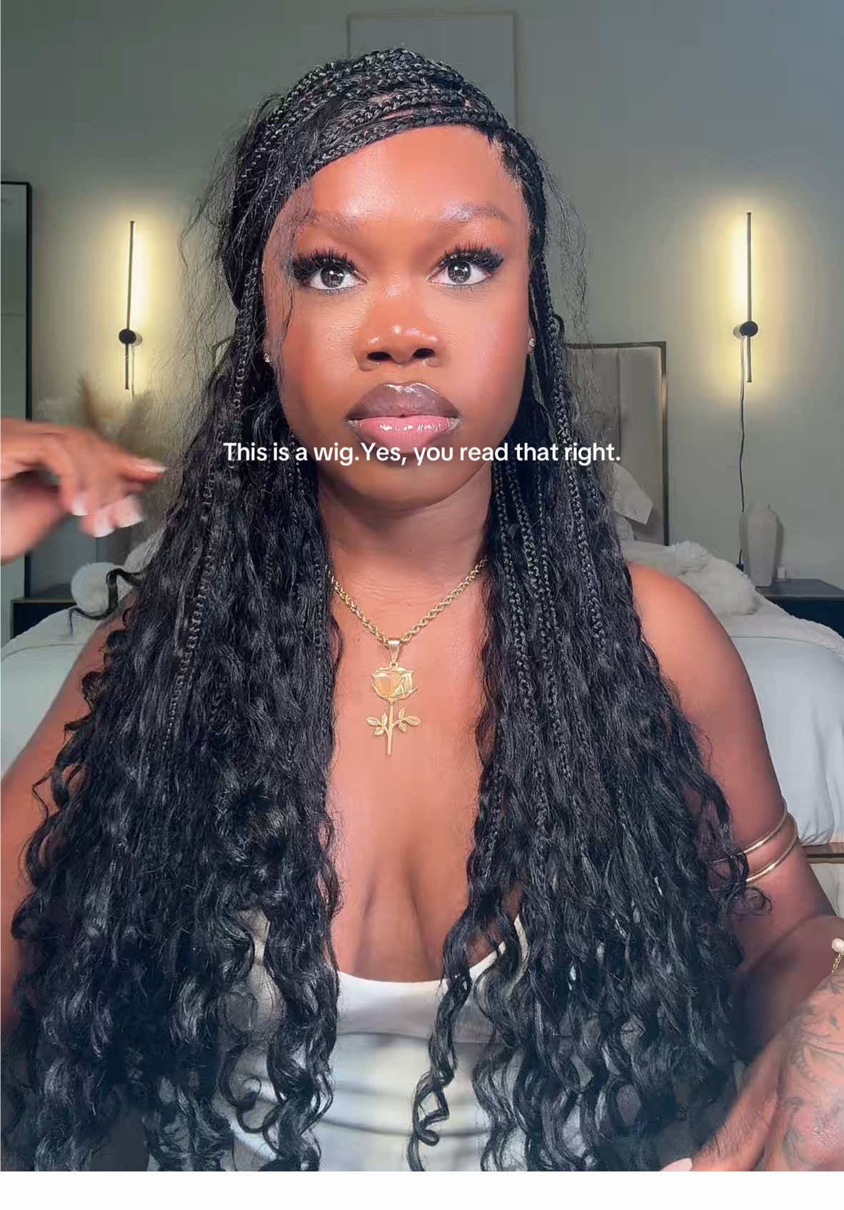 A post by @ebonyrosaa on TikTok caption: I’M GAGGED! Luvme Flexi-Fit Invisi Drawstring Cap  Full Lace Knotless Boho Curls Braided Long Wig Super Natural Scalp Use code "EB01" for 32% off! link in bio~ #luvme #luvmehair #luvmeforyou #knotlesswigs #braidedwig #bohobraids