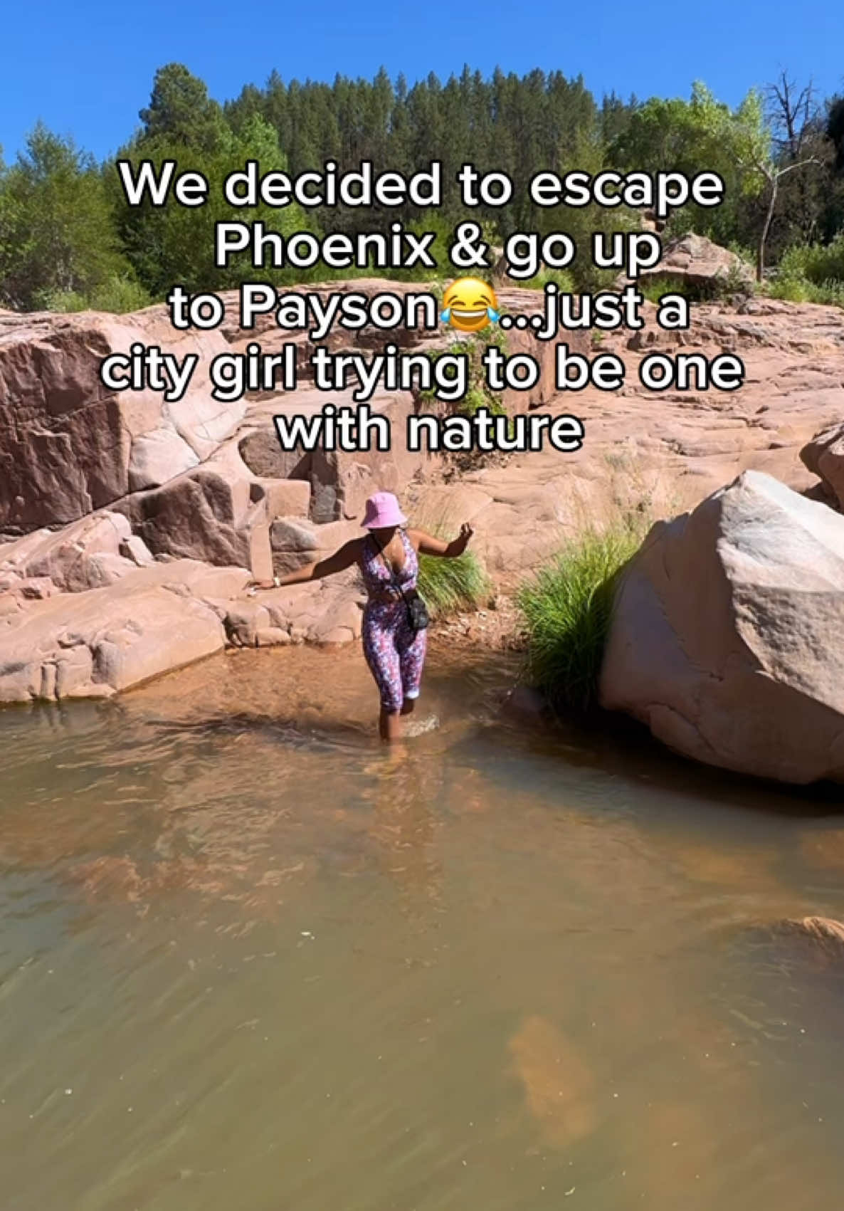 A post by @aieshabeasley on TikTok caption: hiked through rivers, dodged bugs, and questioned all my life choices… but the waterfall content? Worth it✨ Catch me pretending I do this every weekend (spoiler: I do not).😂✋🏾 . . . . #arizona #phoenix #arizonainfluencer #phoenixaz #arizonaplaces #payson #strawberryarizona 