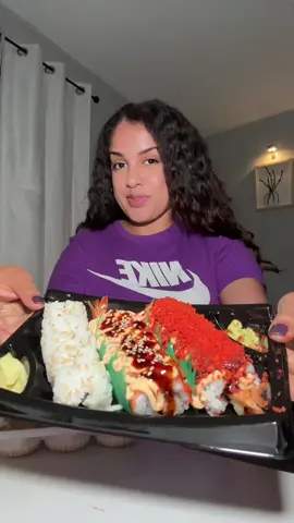 A post by @leiahwithdacamry on TikTok caption: had a late night dinner tonight 🍣🙂 what’s your favorite kind of sushi? #sushi #soupdumplings #mukbang #food #dinner 