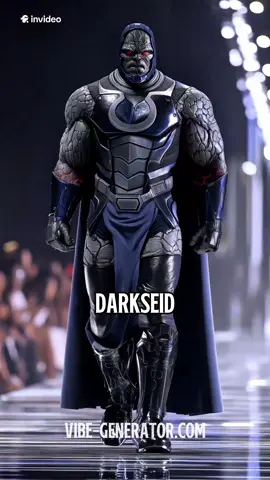 A post by @vibegenerator on TikTok caption: DC Villains on the Fashion Runway – Darkseid, Harley Quinn, Joker, Doomsday & More! #darkseid #harleyquinn #joker #doomsday #dccomics #villains #fashionrunway #style #invideoai