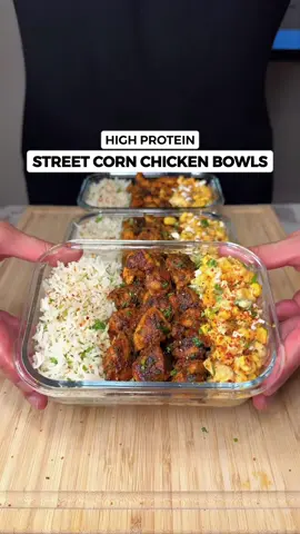 A post by @jalalsamfit on TikTok caption: High Protein Street Corn Chicken Bowls🌽🍗🍚 Tastes absolutely phenomenal, extremely easy to make with minimal ingredients. This is the best meal prep i’ve made in a while!👌🏽😮‍💨 Macros Per Serving (5 Total) 544 Calories | 50g Protein | 40g Carbs | 18g Fat Ingredients (Makes 5) Chicken & Seasoning - 1000g Raw Chicken Breast, cut into cubes - 1.5 Tsp Salt - 2 Tsp Parsley - 2 Tsp Garlic Powder - 2 Tsp Onion Powder - 2 Tsp Smoked Paprika - 1.5 Tsp Cumin - 3 Tsp Olive Oil - Juice of 1/2 or 1 Lime - 25g Light Butter (for cooking all chicken) - 2 Tsp Minced Garlic - 2 Tbsp Fresh Parsley, finely chopped Street Corn Salsa - 400g Canned Sweetcorn, drained - 60g Light Mayo - 100g Fat Free Greek Yogurt - 50g Cholula Hot Sauce, or hot sauce of choice - 50g Jalapeños, de seeded and finely chopped - 2 Tbsp Fresh Coriander, finely chopped - 2 Tsp Tajin Seasoning - Juice of 1/2 Lime - 100g Crumbled Feta Cheese Coriander/Cilantro Rice - 190g Uncooked Basmati Rice - 3 Tbsp Fresh Coriander, finely chopped - Optional Squeeze of Lime, i didn’t add it as the other components already have lime juice Don’t forget to check out my Digital Cookbooks for more Easy Delicious Recipes!👨‍🍳📕 Important Cooking Notes - Let the chicken marinate for at least 20 mins for better flavour - Cook chicken on medium heat for 6-8 mins till golden. Lower the heat when adding minced garlic and parsley - Store the corn salsa in a separate container to make reheating easier . . . . #chickenrecipes #highprotein #chicken #streetcorn #mexicanfood #mealprep #mealprepideas #weightloss #lowcaloriemeals #healthyrecipes #healthymeals #mealprepideas #fitness #sweetcorn #jalalsamfit 