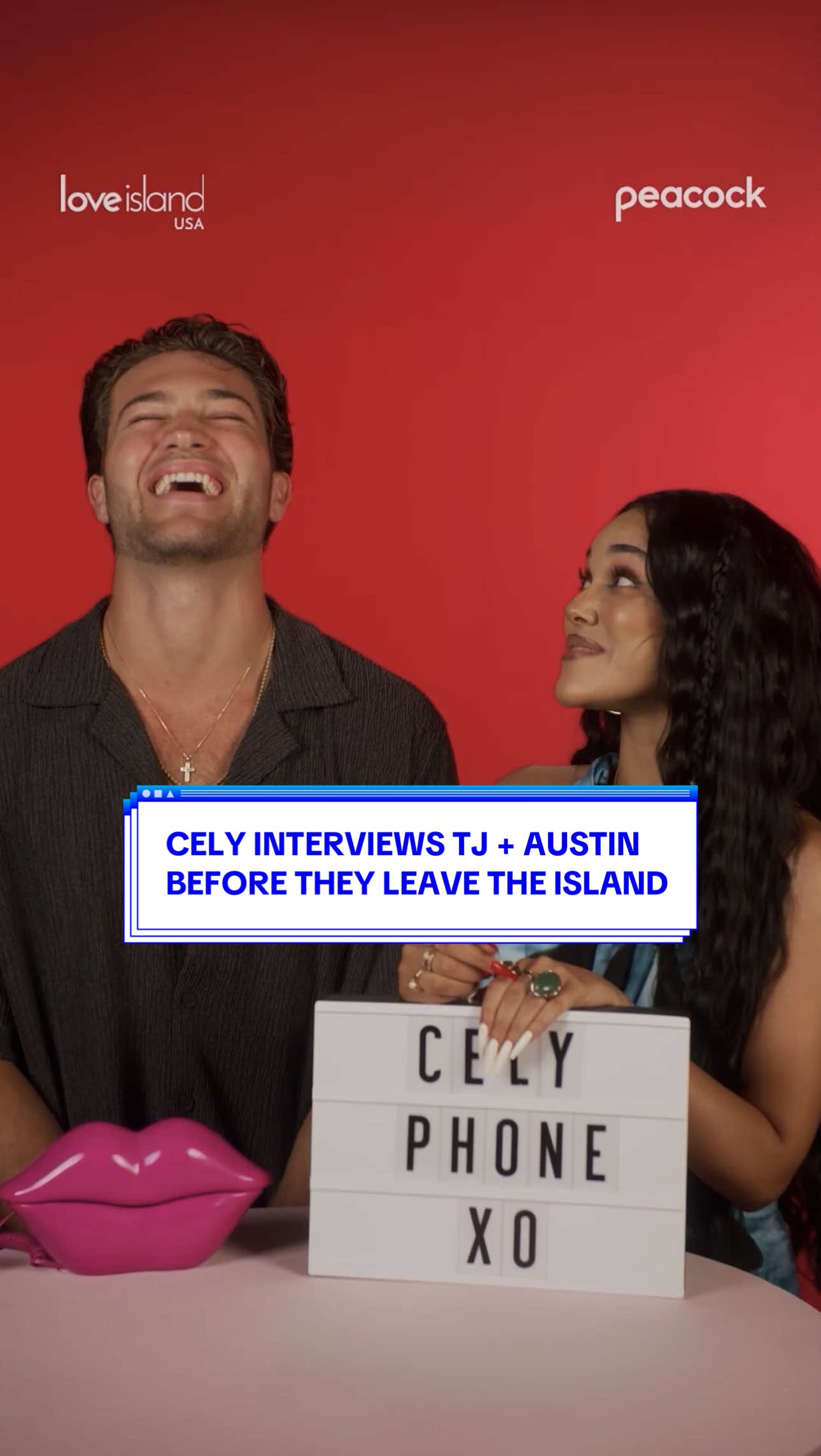 A post by @loveislandusa on TikTok caption: Cely gets the tea from TJ and Austin as they say goodbye to the Villa! ☎️ #LoveIslandUSA 
