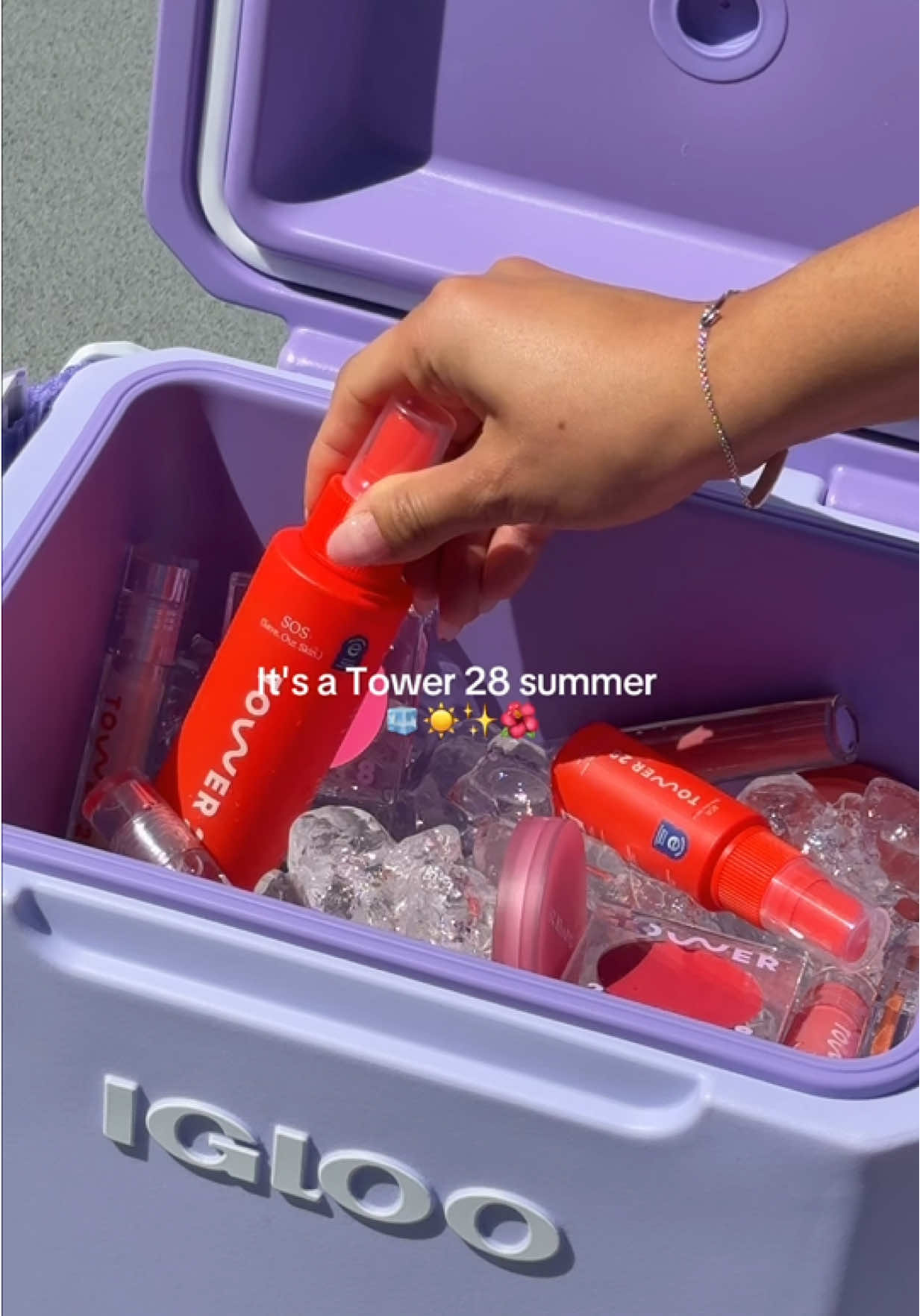 A post by @tower28beauty on TikTok caption: A Tower 28 cooler? Yes, please! ✨ What T28 products would you put in your cooler? #tower28 #tower28beauty #fyp #summermakeup #sensitiveskin 