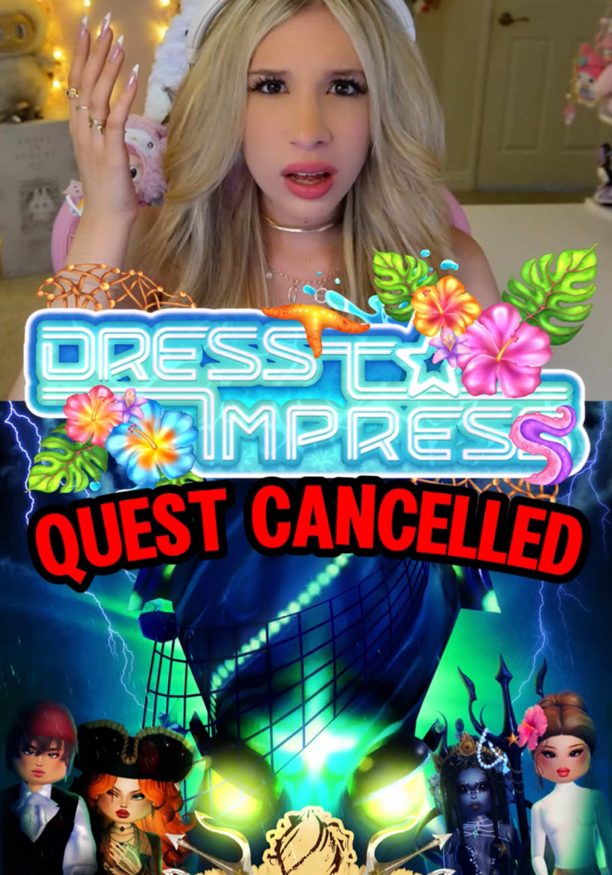 A post by @lanaslifeee on TikTok caption: The NEW DRESS TO IMPRESS QUEST  has been DELAYED until further notice 🙏🏼😔😭