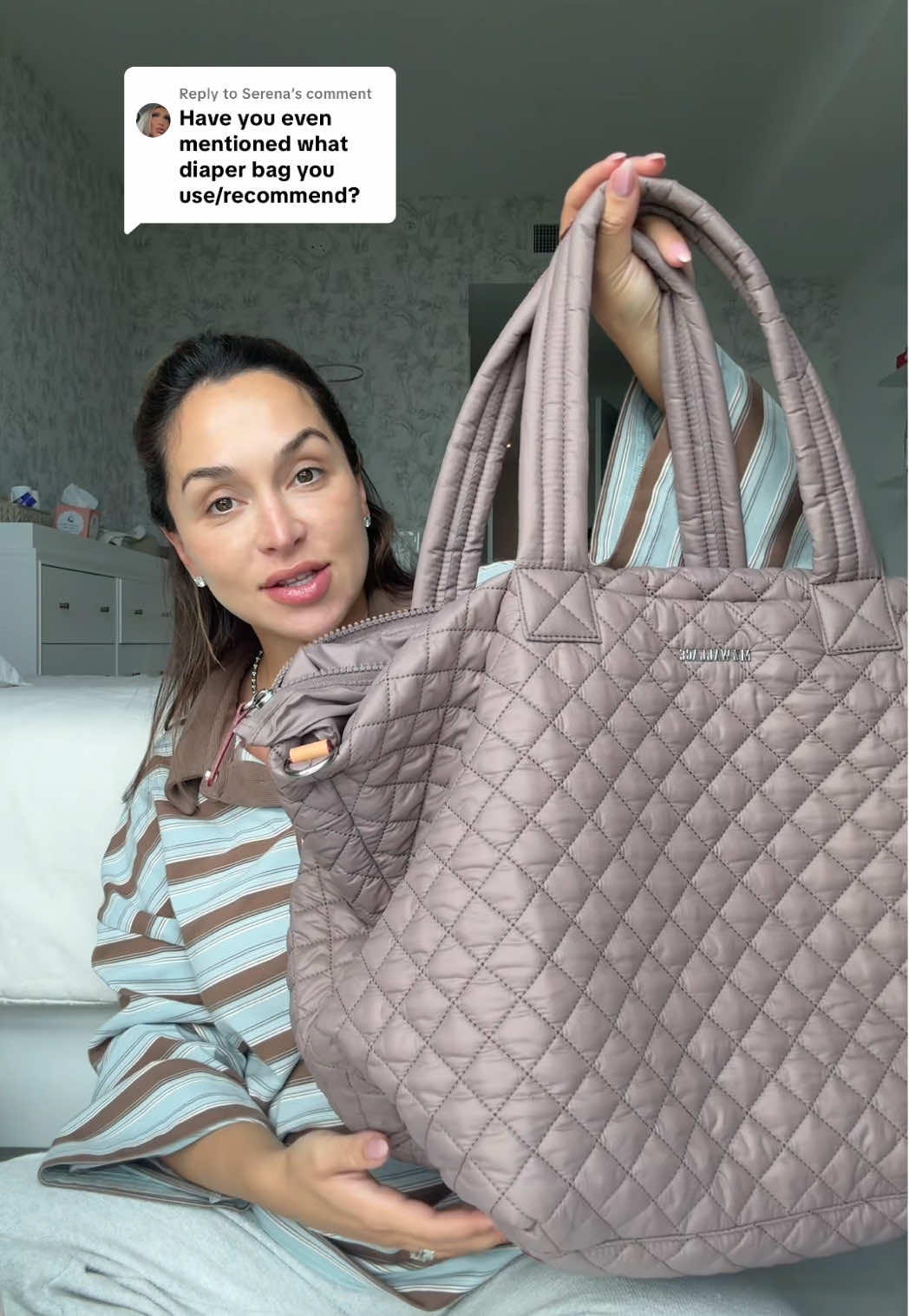 A post by @dzaslavsky on TikTok caption: Replying to @Serena the baby bag that I will be using this time around is the @MZ Wallace Metro Deluxe Tote in the color Mauve size Large #babybag #totebag #mzwallace #largetotebag 