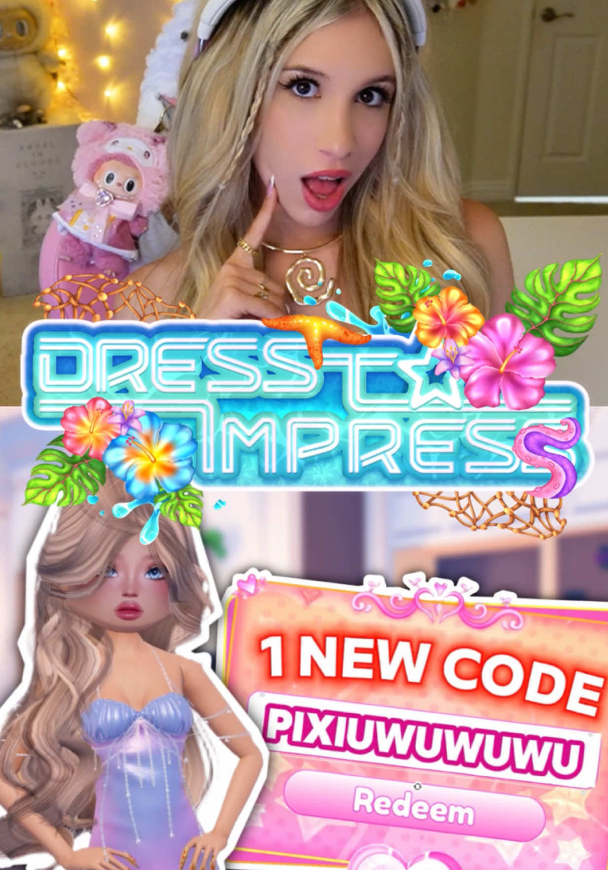 A post by @lanaslifeee on TikTok caption: New C0D3 IN DRESS TO IMPRESS on ROBLOX!! @pixiiuwu 🙈🥰💖
