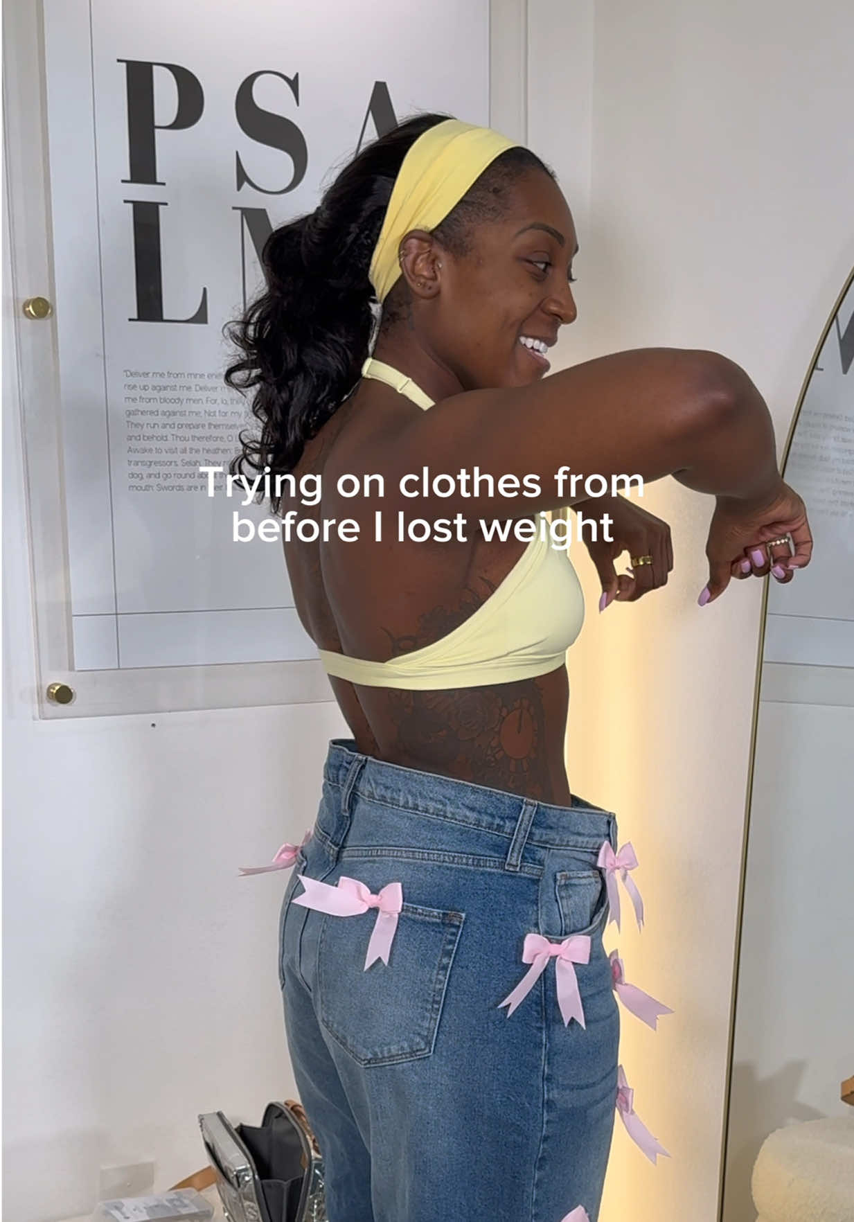 A post by @ on TikTok caption: well… I’ve learned two things, one: no matter how hard I am on myself I HAVE made progress, and two: @GOOD AMERICAN & @American Eagle PLEASE bring these jeans back, I’m begging😩 