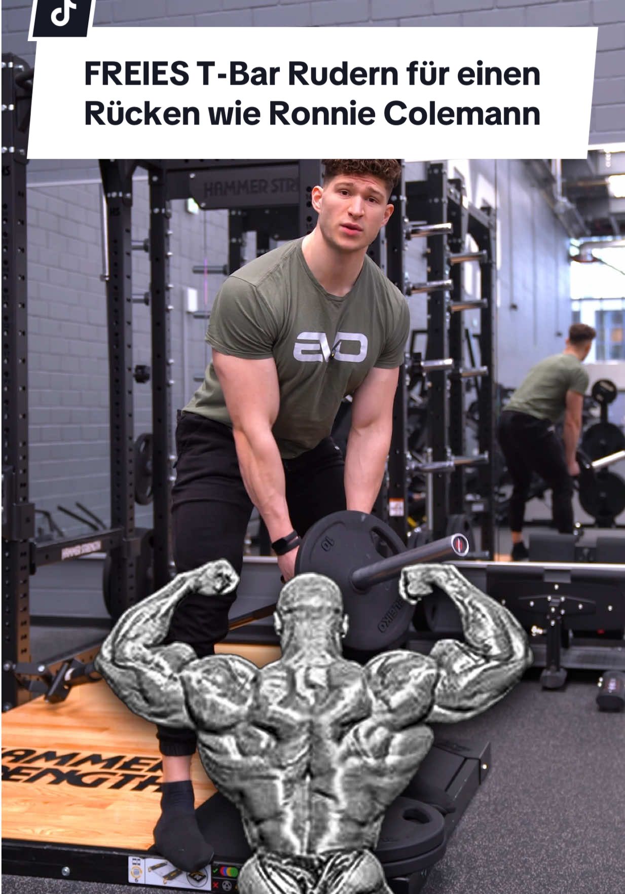 A post by @kaygedan on TikTok caption: FREIES T-Bar Rudern für einen Rücken wie Ronnie Colemann #muskelaufbau #backworkout #fitness #fitnesstips #pullday 
