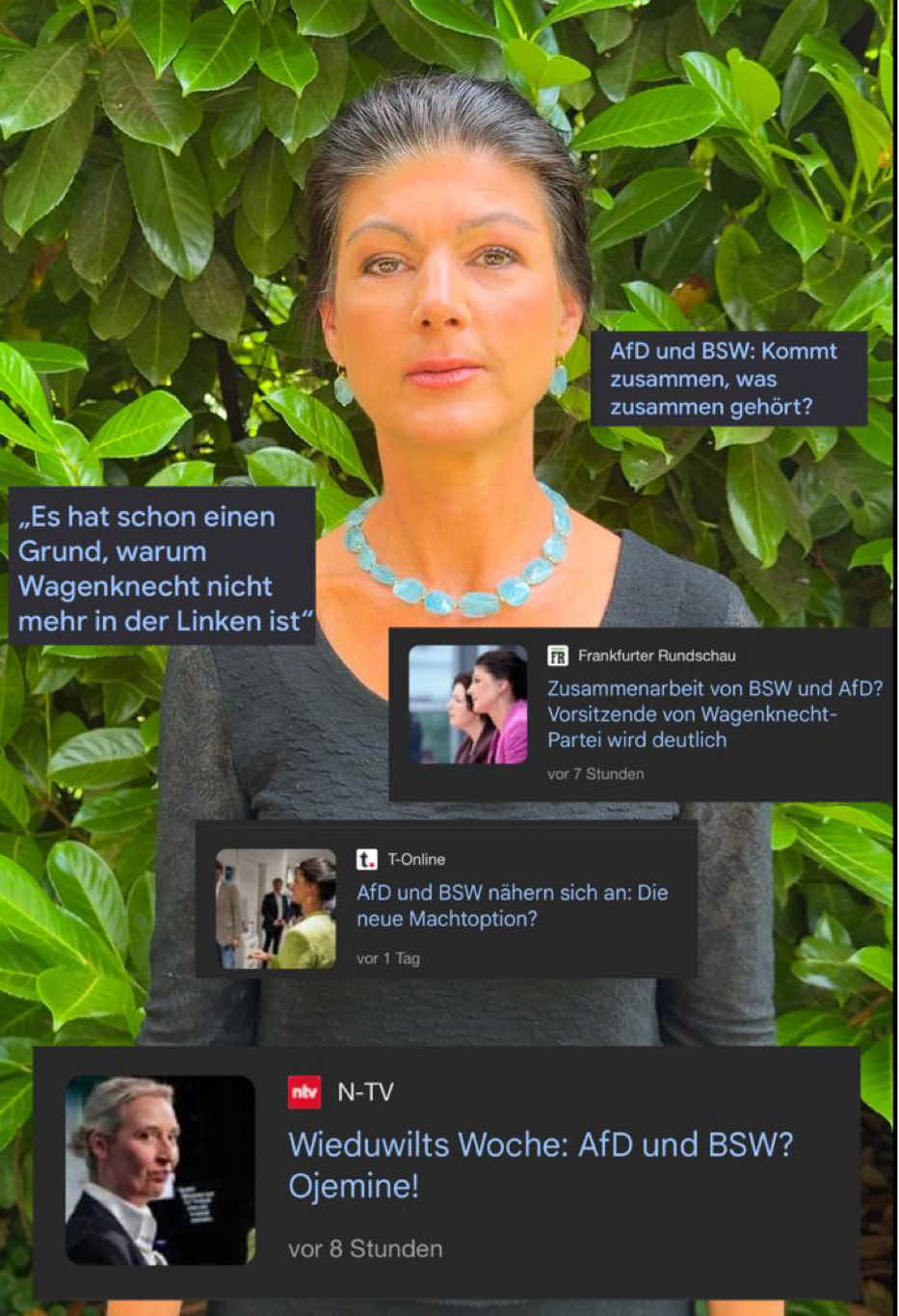 A post by @sahra.wagenknecht on TikTok caption: Riesenaufregung im Blätterwald: Bahnt sich eine Zusammenarbeit zwischen AfD und BSW an, wie in den letzten Tagen in den Medien behauptet wurde? Warum eine Koalition mit der AfD, die für Aufrüstung und Sozialkahlschlag steht und damit der CDU viel näher ist als dem BSW, schon allein programmatisch nicht in Frage kommt, wir aber die undemokratische Brandmauer einschließlich Rede- und Parteiverbote ablehnen – mein Statement zum angeblichen „Flirt“ zwischen BSW und AfD.