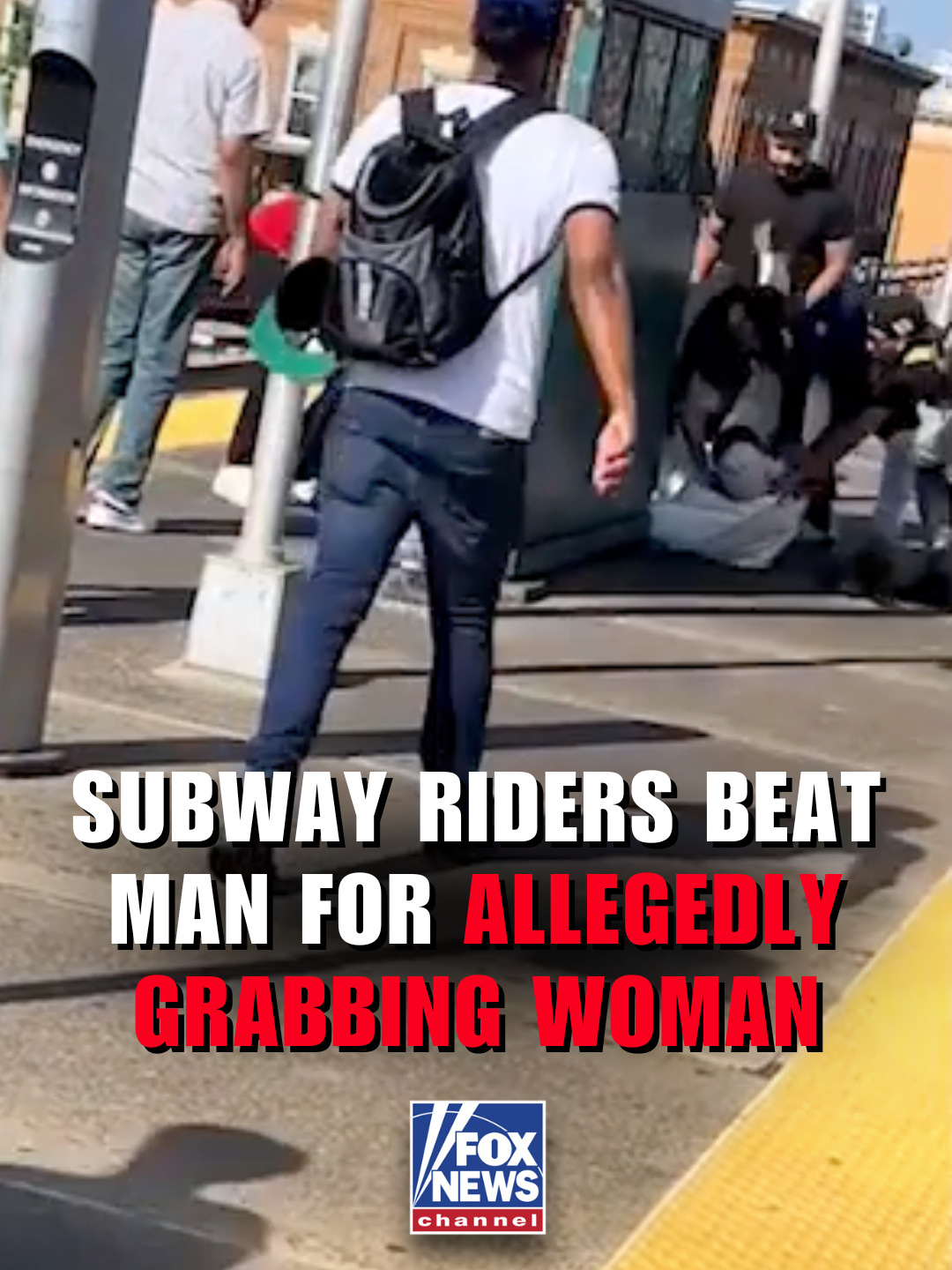 A post by @foxnews on TikTok caption: A group of subway riders beat a man who appeared to grab a random woman on a New York City subway platform, video shows. The man, Fredrick Marshall, 42, has been charged with third-degree assault and second-degree harassment.