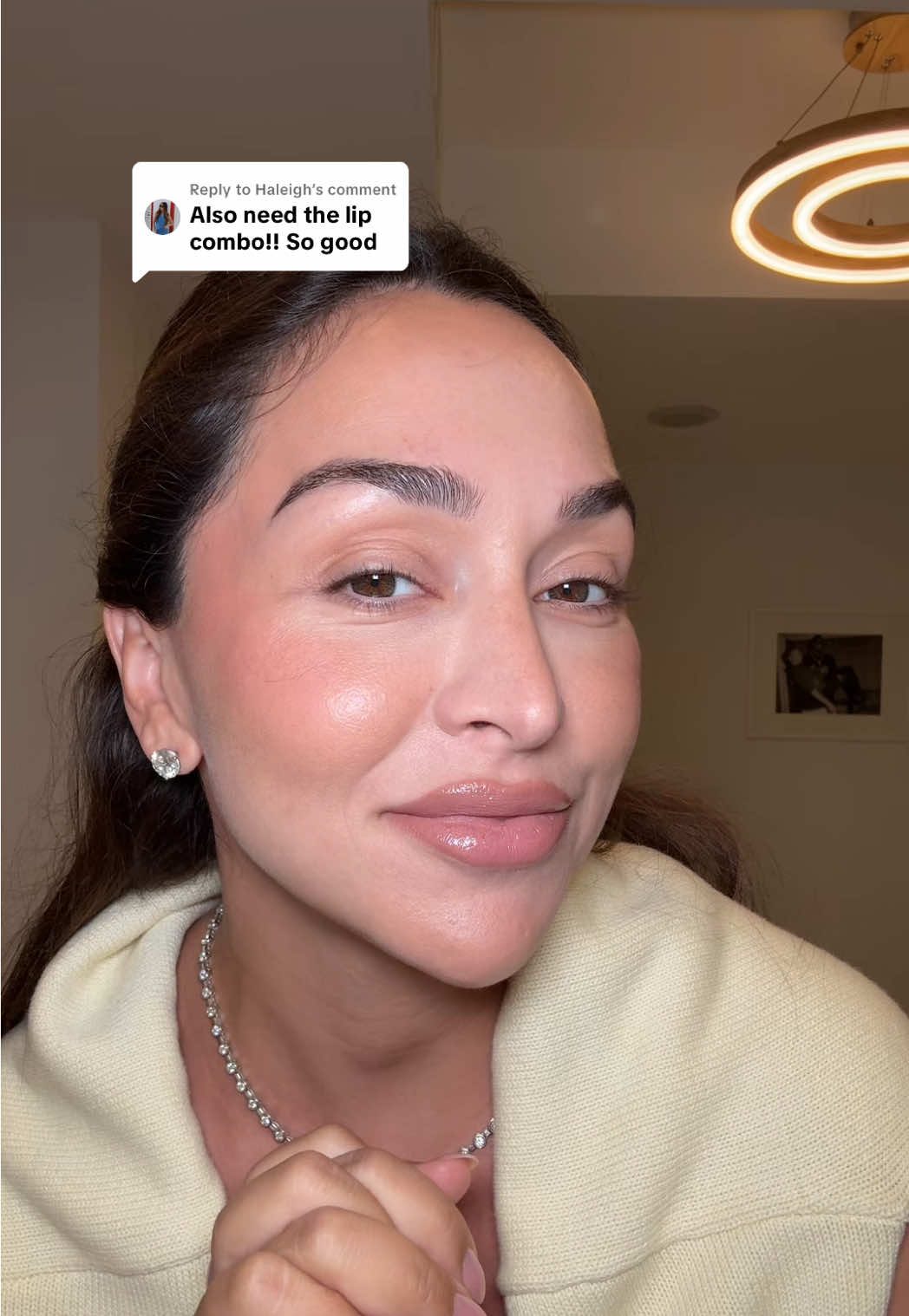 A post by @dzaslavsky on TikTok caption: Replying to @Haleigh One of my favorite lip combos that’s I’ve been rotating. @SOSHE Beauty Lipliner in Skinny Dip / @pradabeauty Monochrome Lipstick in 108 / @Diorbeauty Addict Lip Maximizer in 016 #lipcombo #glossylips #nudelips 