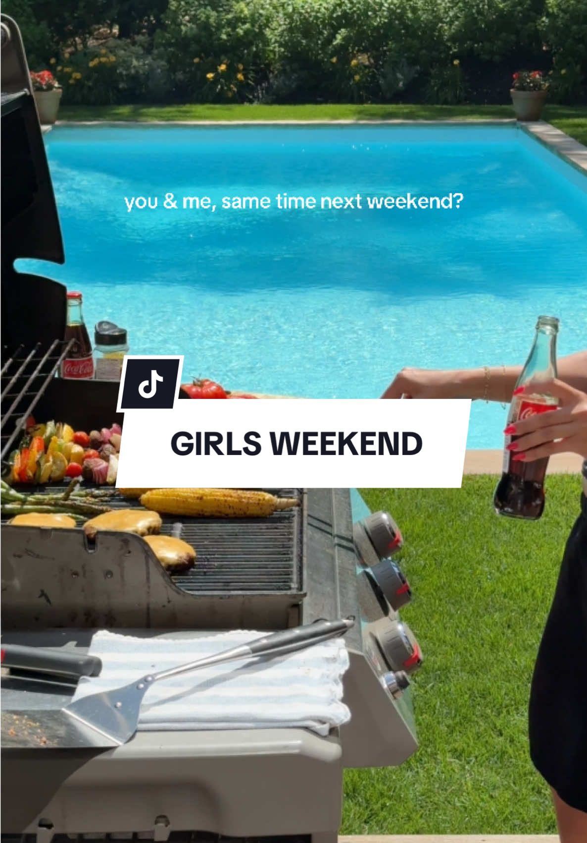 A post by @revolve on TikTok caption: Summer is in-full effect and we have zero complaints 🍔🌭✨ This is your sign to plan a pool day with the girlies ☀️🩵 Send this to them or tag them in the comments below #REVOLVEsummer 