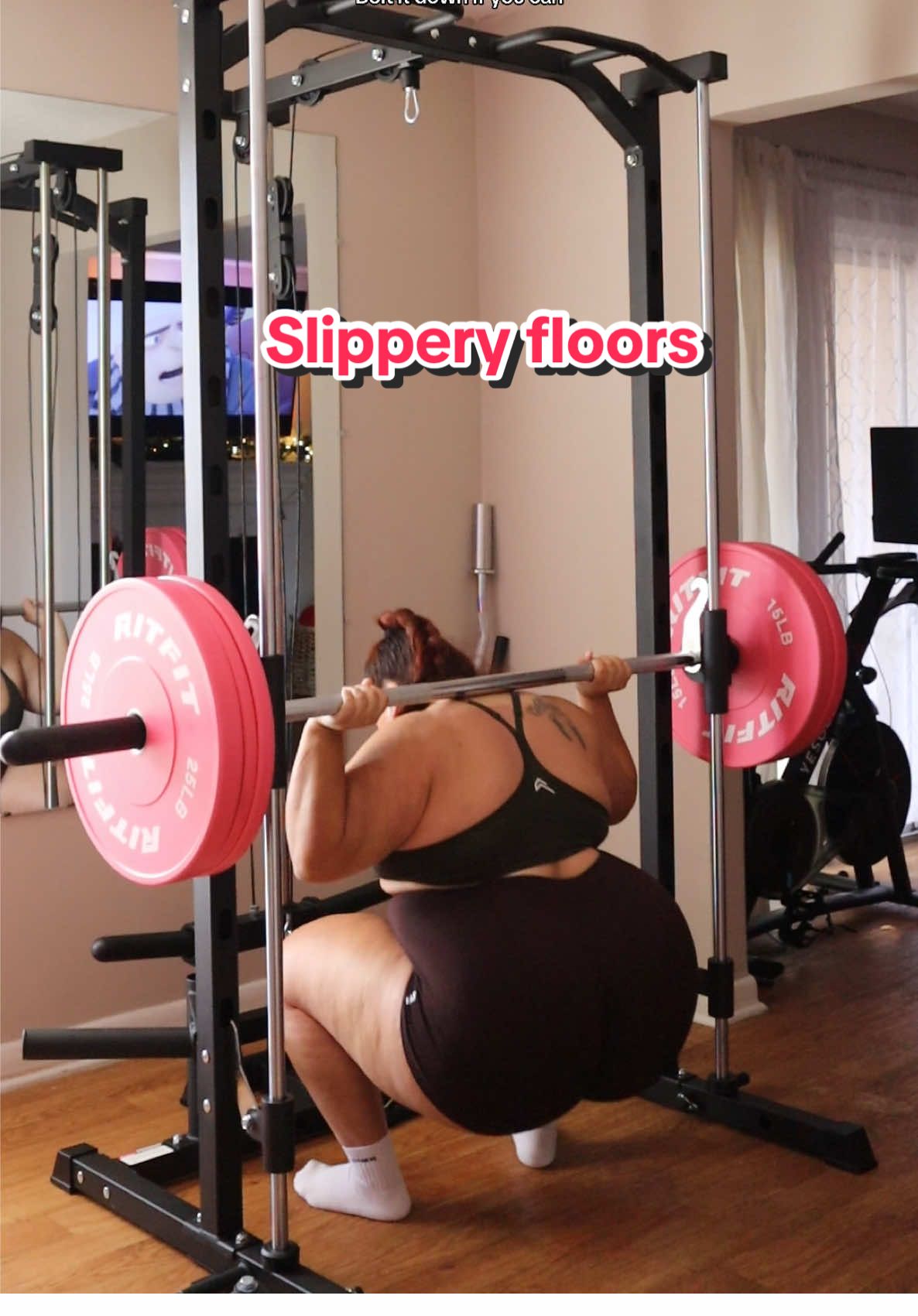 A post by @nanzie_peachez on TikTok caption: lol yess! I added mats and we’re good now! 🫣😂 #slipperfloor #gymfails #gymaccident #fitness 