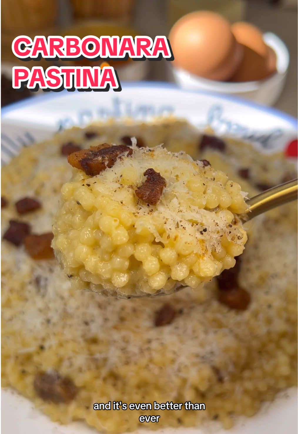 A post by @heresyourbite on TikTok caption: Carbonara Pastina ✨ 4 oz guanciale, diced 1 —2 tbsp rendered fat from guanciale/pancetta 1 cup acini di pepe 3.5 cups chicken broth 2 large egg yolks 3/4 cup finely grated Pecorino Romano (to taste) Salt and black pepper, to taste 1 tbsp cold butter 1. Add the diced guanciale to a cold pot and turn the heat to medium low. Cook until the fat renders and the guanciale is golden and crispy, about 5–7 minutes. Remove with a slotted spoon and set aside. Carefully pour the majority of the rendered fat in a small bowl and set it aside, leaving about 1 tablespoon of fat in the pot. 2. Reduce the heat to low and add the acini di pepe to the pot. Toast for 2–3 minutes, stirring frequently. 3. Pour in the chicken broth, season with a pinch of salt, and bring to a gentle simmer over medium heat. Cook until the pastina is tender and most of the liquid is absorbed, about 10 minutes, stirring frequently.  4. While the pastina cooks, whisk together the egg yolks, the reserved warm guanciale fat, and a generous amount of freshly cracked black pepper in a small bowl until smooth and glossy. 5. Once the pastina is done, turn off the heat and stir in a small chunk of cold butter (about 1 tablespoon). Remove from heat and let it sit for 1-2 minutes to cool slightly. 6. Off heat, slowly pour the yolk mixture into the pastina, stirring constantly and vigorously to prevent scrambling. Continue stirring until the sauce emulsifies and becomes glossy and creamy. 7. Gradually add the grated Pecorino Romano to the pot in small handfuls, stirring well after each addition, until the cheese is fully melted and the sauce is smooth. If the mixture thickens too much, add a bit more butter to loosen it. 7. Stir in the crispy guanciale, reserving some for topping. Season with black pepper to taste and adjust with more  cheese as needed. 8. Spoon into bowls and top with the reserved guanciale, extra Pecorino, more black pepper, and a drizzle of olive oil if desired. Enjoy! #Carbonara #carbonarapasta #italian #italianfood #pastina #easyrecipes #onepot #onepan #comfortfood #guanciale #pecorino #pecorinoromano #easydinner #dinnerideas #dinner #onepotmeal #foodtok 