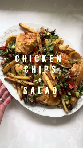 A post by @melizcooks on TikTok caption: Chicken, Chips & Salad. Sunday dinner sorted.  1 x whole chicken, approx 1.8kg-2kg 4 tbsp olive oil 2 tsp sea salt  1 1/2 tsp dried oregano  Pinch of coarse black pepper  1 whole lemon, thinly sliced  3 bay leaves  A few thyme sprigs  1 whole garlic bulb, halved  800g Maris piper potatoes, cut into 1cm thick chips  2 tbsp cornflour  For the salad: coriander, spring onions, tomatoes, red peppers, cucumber, celery, black olives, dried mint, lemon juice, white wine vinegar, extra virgin olive oil, sea salt  Method  Preheat oven to 230c fan. Cut the back bone out of the chicken, brush the underside with 1 tbsp olive oil, half of the sea salt, 1/2 tsp dried oregano and black pepper. Turn oven and repeat with 1 tbsp olive oil, half of the sea salt, 1/2 tsp dried oregano and black pepper. Place the lemon, bay, garlic, thyme in the bottom of a very large shallow baking tray, place the chicken on top, skin side facing up. Place in the middle of the preheated oven for 30 minutes.  Pat dry the chipped potatoes, add them to a large bowl along with the cornflour, toss well until fully coated, followed by the remaining 2tbsp olive oil and oregano, stir well.  After the chicken has been roasting for 30 mins, add the chips to the tray, turn the oven down to 190c fan, pop back in the oven for 20 minutes, take the tray out, remove the chicken to a chopping board to rest for 20 minutes (the internal temperate of the thickest part of the chicken in the leg should be 75c and juices should run clear + remove the garlic, lemon and herbs too), give the chips a gentle stir (try not to break them up) and return to the oven for another 20 minutes until golden brown all over. Carve the chicken and serve on the platter with the salad.  #melizcooks #chicken #chickenandchips #roastchicken #chips #potatoes #sundaydinner #sundaylunch #melizcooks #fyp 