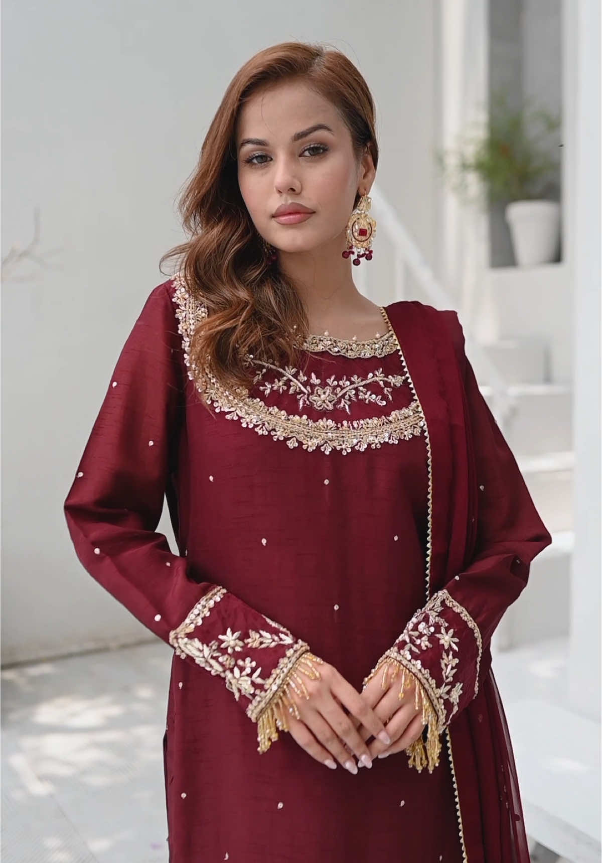 A post by @memsaabofficial on TikTok caption: S H O P N O W Design code : ASBC-05 #memsaabofficial #onlinestore #readymade #fancy #red #maroon #silkluxe #heavywork #shopnow 