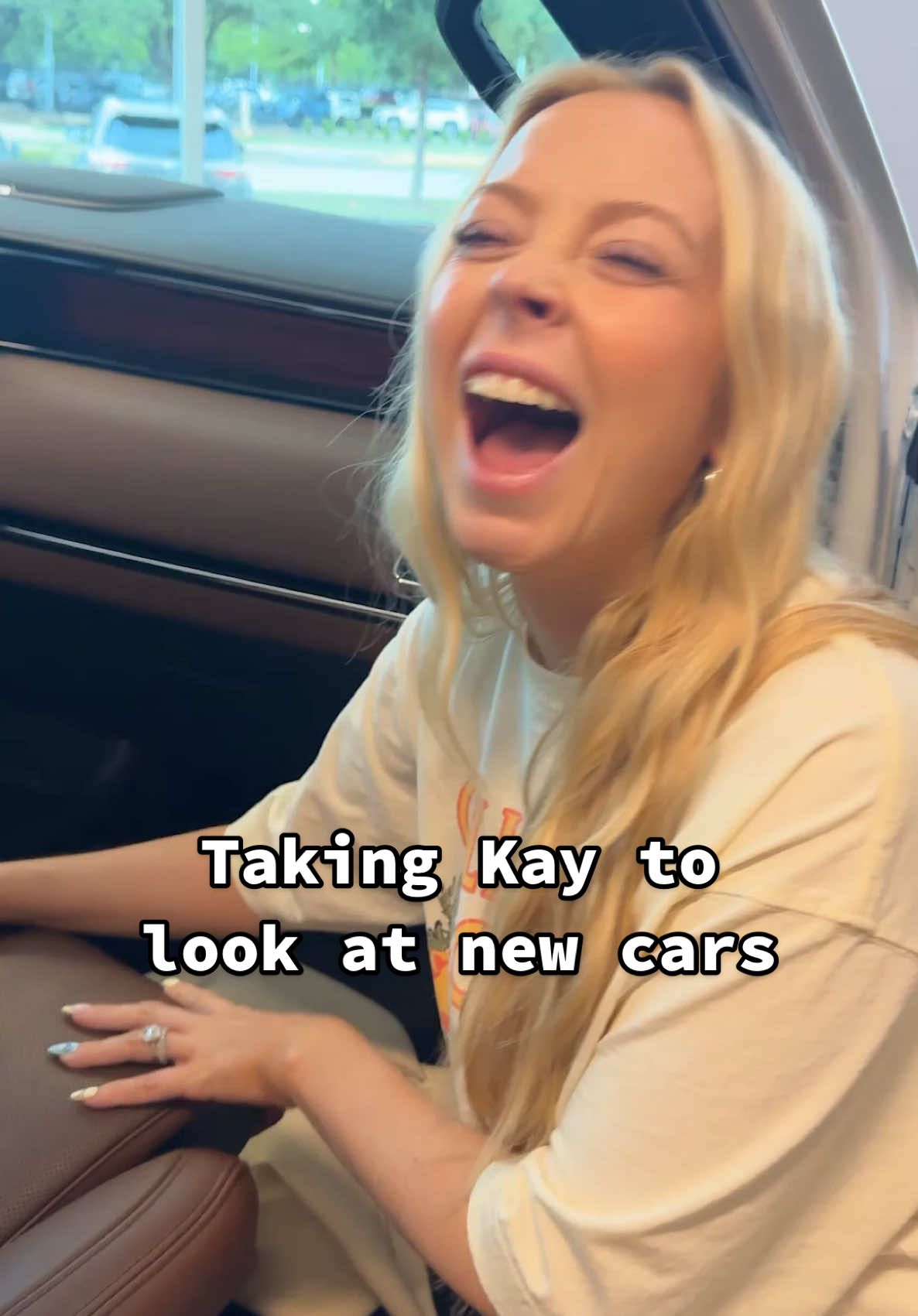 A post by @kayandtayofficial on TikTok caption: We can’t decide which we like better!? 😫 backstory ::: With bug on the way, we have to get a bigger car to fit Kinsley, ellie, and bug in the car! We are going to keep our current car to give to Kinsley when she starts driving! So we went to a couple car lots to look at 7 seat vehicles. We drove a bunch of them, and like a bunch of them, but can’t figure out which we like more. We want it to have 7 seats, but also have space in the trunk for a double stroller! Ellie had so much fun playing in all of the cars! She said so much fun that she fell asleep! 😂 I hope we can find one soon. If anyone knows of good SUVs. Let me know! #kayandtayofficial #couples #relationships #pregnant #postpartum 