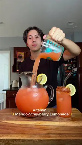 A post by @benjixavier on TikTok caption: Vitamin C Strawberry Mango Lemonade 🍓🥭🍋 This isn’t just pretty, it’s packed with immune-boosting Vitamin C and made with whole fruit, real lemon juice, and zero added sugar (thanks, stevia 😌). It’s fresh, light, and only 48 calories per cup. Made a full pitcher for the week and it’s already halfway gone 🫠 Here’s what’s in it ⬇️ 🍋 1 cup fresh lemon juice (from 6–8 lemons) 🍓 1 cup strawberries 🥭 2 mangos 💧 6 cups water 🧁 ⅓ cup stevia (or any sweetener you like) Blend everything until smooth, strain if you want it extra silky, and pour over ice. It makes about 6¼ cups…perfect for meal prep or summer hosting. ✨Naturally sweet, tangy, and a glow-up for your hydration game. Macros: per 8 oz (1 cup) serving: 	•	Calories: 48 	•	Protein: 0.8g 	•	Carbohydrates: 12.7g 	•	Fat: 0.4g Would you try this instead of store-bought lemonade?👇🏼 #VitaminCBoost #HealthyLemonade #LowCalorieDrinks #StrawberryMangoLemonade  #wellnessrecipes #weightloss #wellness 