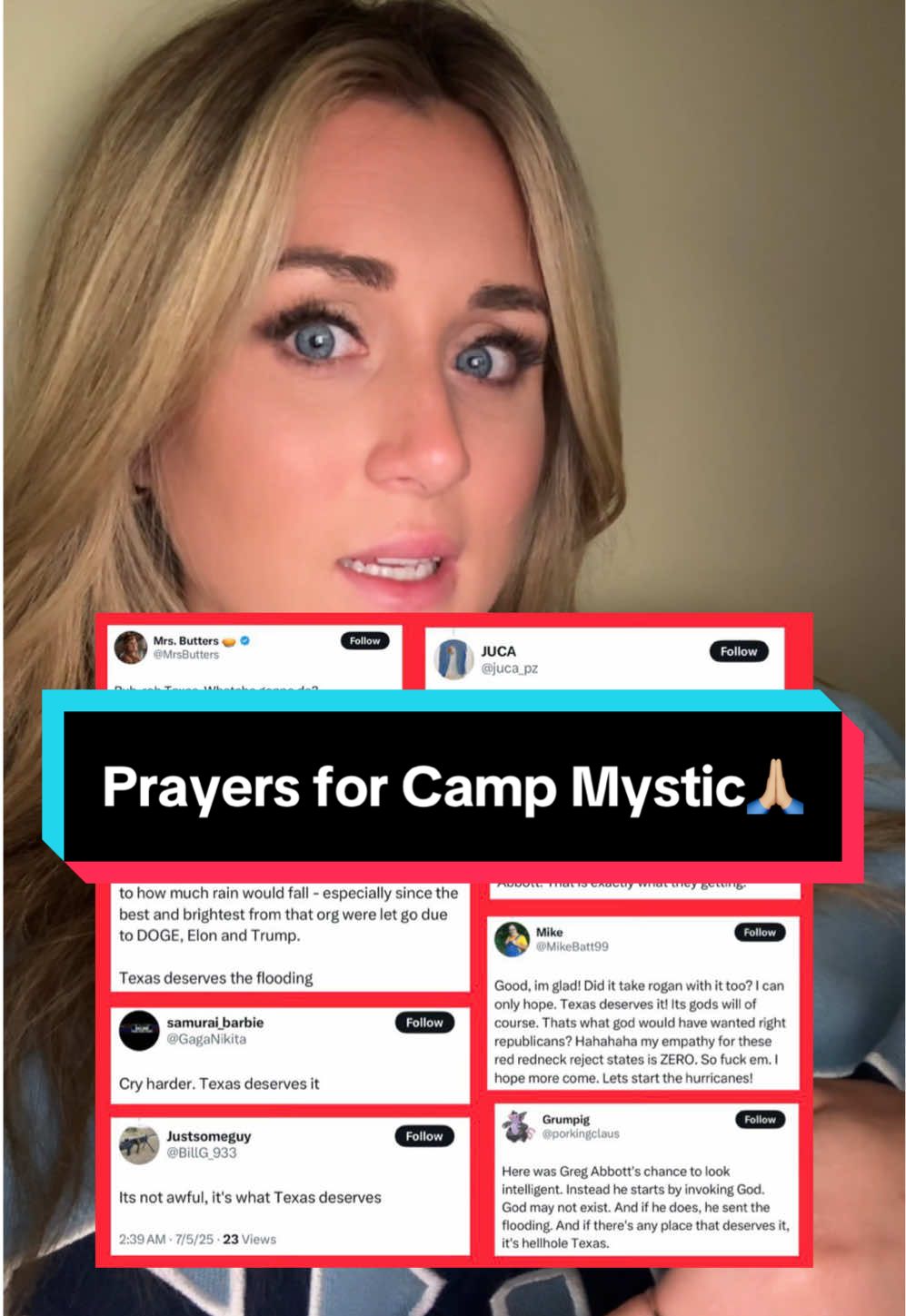 A post by @rileygaines on TikTok caption: 70+ lives lost with dozens still missing. You're a GHOUL if you're making a freak natural disaster political.  I pray God works in ways only He can. #texas #campmystic #fyp #foryoupage #foryou #fypシ 