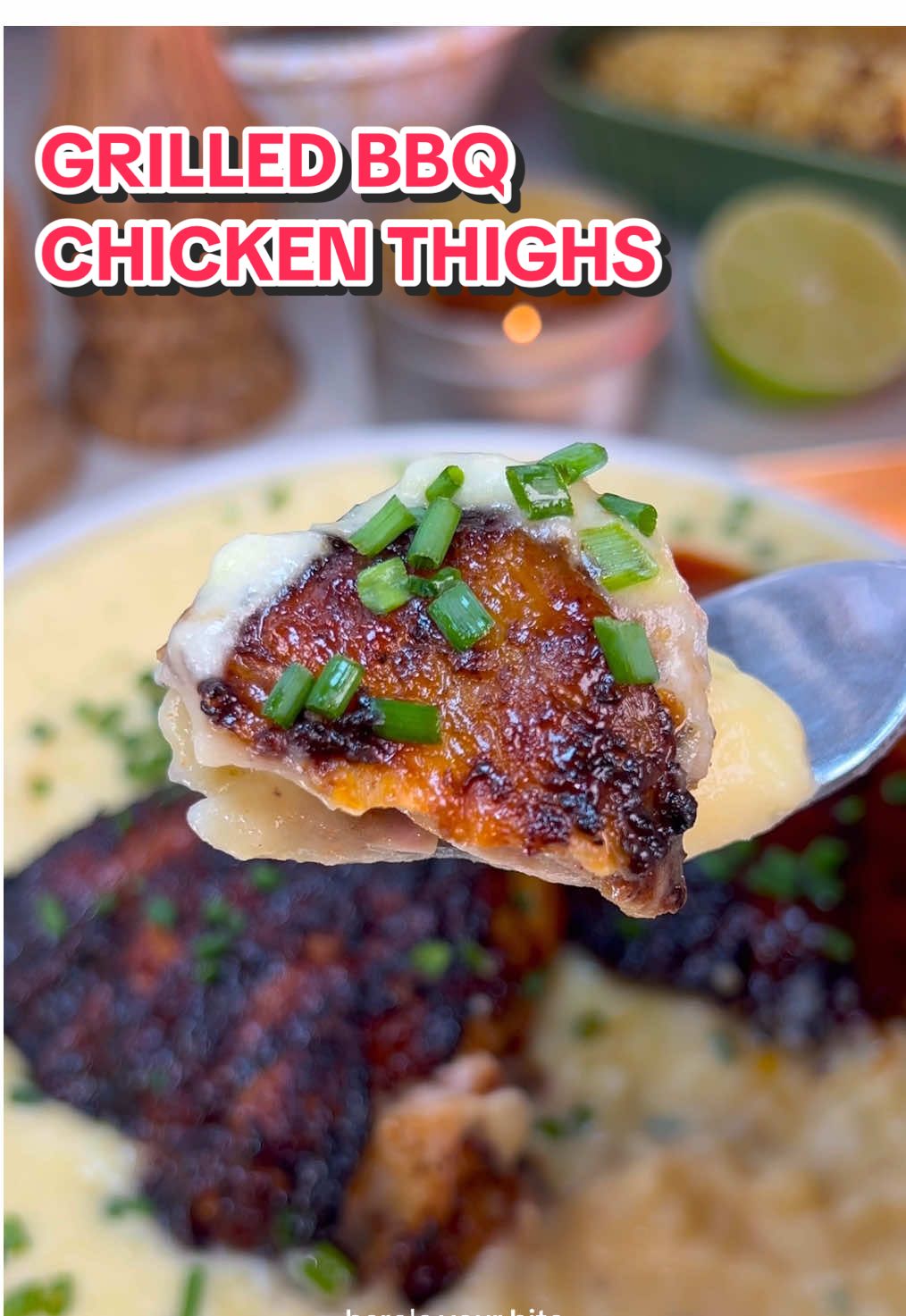 A post by @heresyourbite on TikTok caption: Grilled BBQ Chicken Thighs with Cheddar Mashed Potatoes and Cajun Butter Corn 😮‍💨  Ingredients below — full recipe in my bio!  Chicken + Marinade: 1.75 lbs bone-in, skin-on chicken thighs 1.5 tbsp yellow mustard 2 tbsp olive oil 1 tbsp @Tony Chachere  1 tsp smoked paprika 1 tsp garlic powder 1 tsp onion powder 1 tsp dried thyme Dash of cayenne 1 tsp brown sugar 1.5 tsp Worcestershire sauce Optional: splash of hot sauce BBQ sauce to baste Cheddar Mashed Potatoes: 2 lbs Yukon gold potatoes, peeled and cubed 1/2–3/4 cup whole milk or cream 4 tbsp butter 1 cup shredded sharp yellow cheddar Tony’s, to taste (about 1–2 tsp) Optional: 1/2 cup sour cream Cajun Grilled Corn: 4 ears corn, husked 4 tbsp melted butter 1/2 tbsp Tony’s Juice of 1/2 lime #bbqchicken #bbq #bbqtok #bbqtiktok #chicken #chickenthighs #barbecue #barbecuechicken #bbqseason #grill #grilltok #grilling #grillingseason #summer #summerrecipes #summergrilling #foodtok #mashedpotatoes #cajun #cajuncooking #cajunfood 