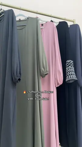A post by @mariam_collections on TikTok caption: WEEKEND STEAL 5 ABAYAS FOR $99 WAS $150 | SAVE $50 (33% OFF) JULY 5-6 ONLY | 48 HOURS #luxuryabaya #abayauk #abayafashion #modestfashion  #ootdhijab  #abayagirls #abaya #trendieng  #modesty #mariamscollection 
