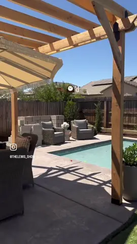 A post by @thelewis_family on TikTok caption: | told Joe all I wanted for my birthday this year was a trip with just him and a pool. Our backyard isn't the biggest and honestly, I'm kind of glad because all that maintenance? Yea, no. I just can't. But look at what he and God did. They got together and made mama's dream come true. We still have a few small touches to add, the outdoor fireplace is being built right now, we're waiting on the rug for in front of the table, and I want to bring in more plants and flowers. I also took y'all's advice and kept the turf right up front. Still on the hunt for some chaise lounges and maybe even a slide...but we'll see. For the most part, I'm just so happy with how it turned out. Feeling like a lucky girl right now and just in time for the 4th! Now let me go throw my links on the grill lol, iykyk. #TheLewisFamily #Summertime #SmallBackyard #makingourhouseahome #backyardtransformation #Pools