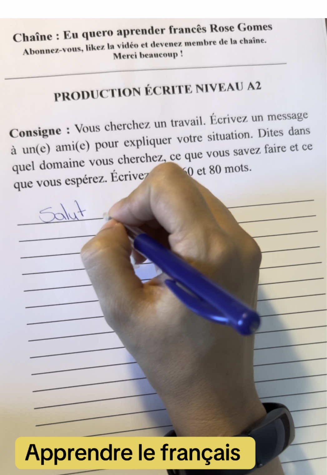 A post by @euqueroaprenderfrances on TikTok caption: Production écrite en français niveau A2 Apprendre le français  Eu quero aprender francês Rose Gomes #apprendrelefrançais #euqueroaprenderfrancês #rosegomes #français #learnfrench #a2 #delf #francais #french #frances #apprendresurtiktok #apprendre 