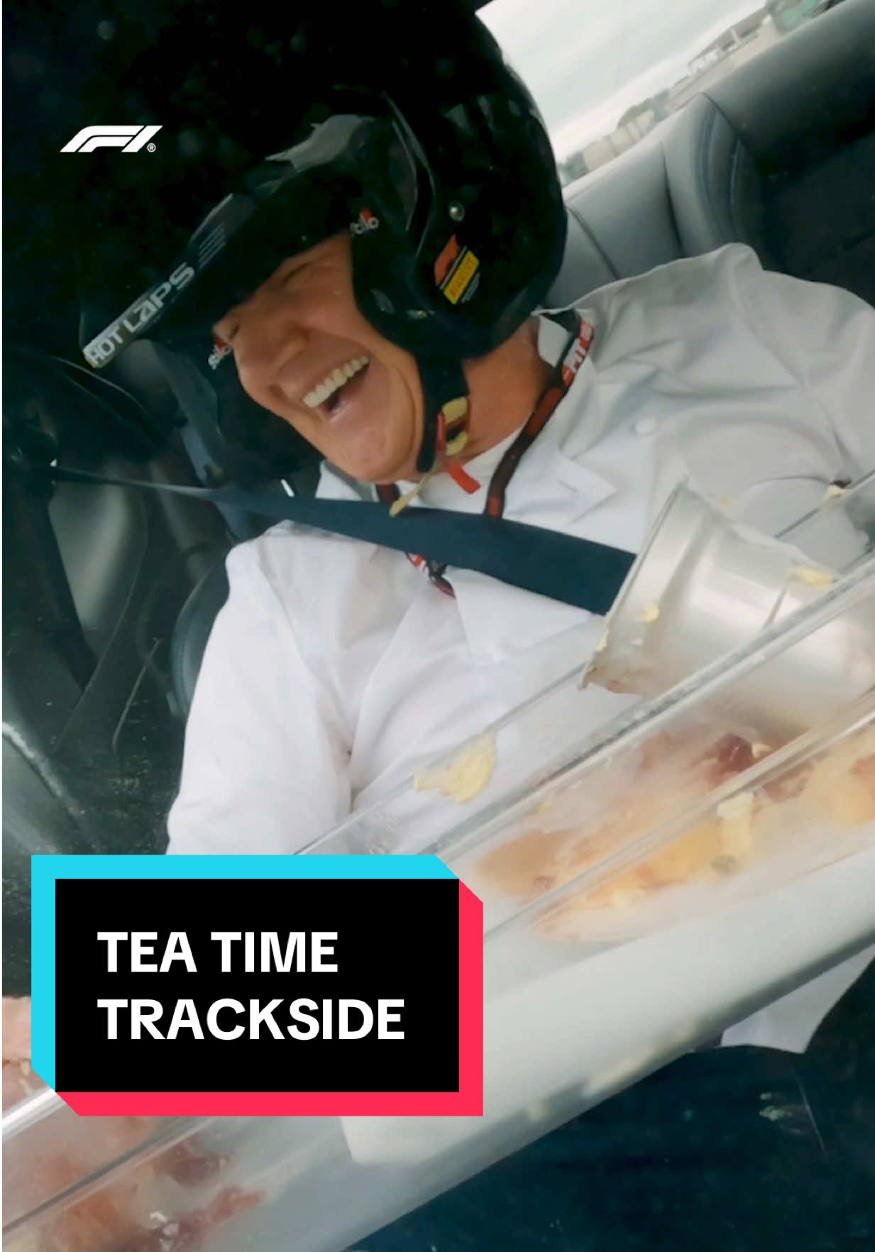A post by @gordonramsayofficial on TikTok caption: When afternoon tea interferes with a lap around the @Formula 1 track…hope the interior is ok 🥴