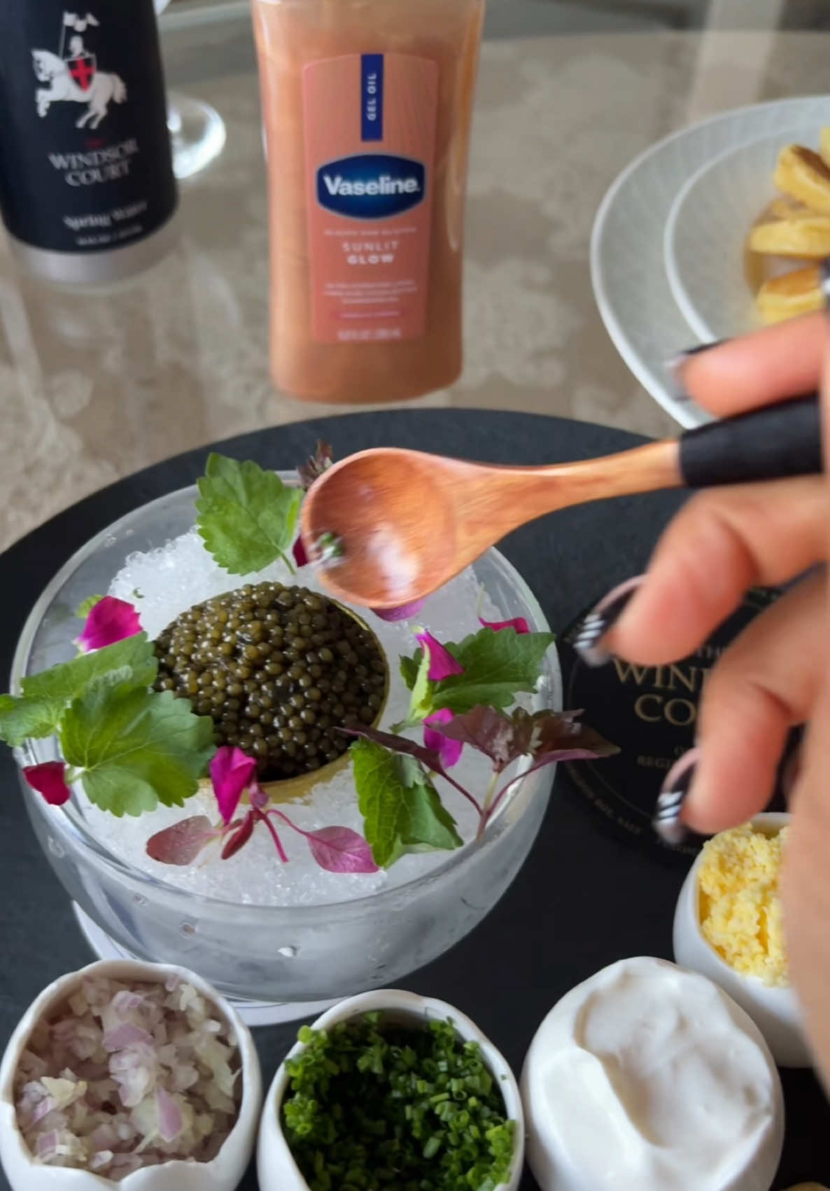 A post by @aiyannace on TikTok caption: I’ll be ordering a big bowl of this stuff 🙂‍↔️🍽️  #caviar #delicious #cremefresh #pancake 