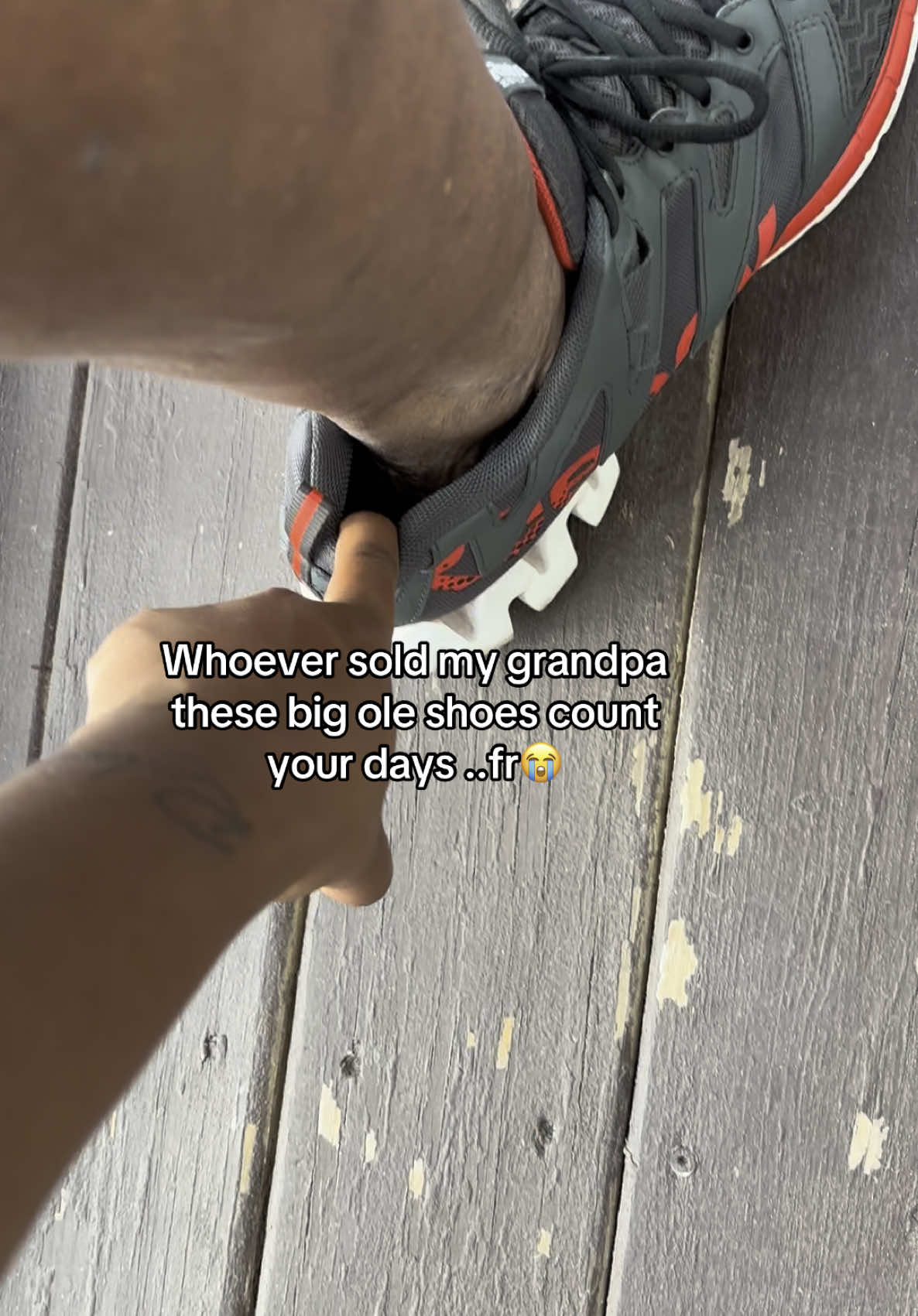 A post by @tekab0 on TikTok caption: I believe old people just buy anything fr 😭I asked him why he got em so big he said he didn’t see the problem 🤷🏾‍♀️……I’m aggravated cause he kept trinna carry my baby knowing them shoes was flopping off!  And for the folks that don’t have a sense of humor we all roast each other all the time he’s fine! Idk why he got a size 50 shoe 🤷🏾‍♀️ Me and my grandpa are besties and he talk about me waaaaaay worse ! #fyp #omg #wtffff #bffr #besties #grandpa #grandparents 